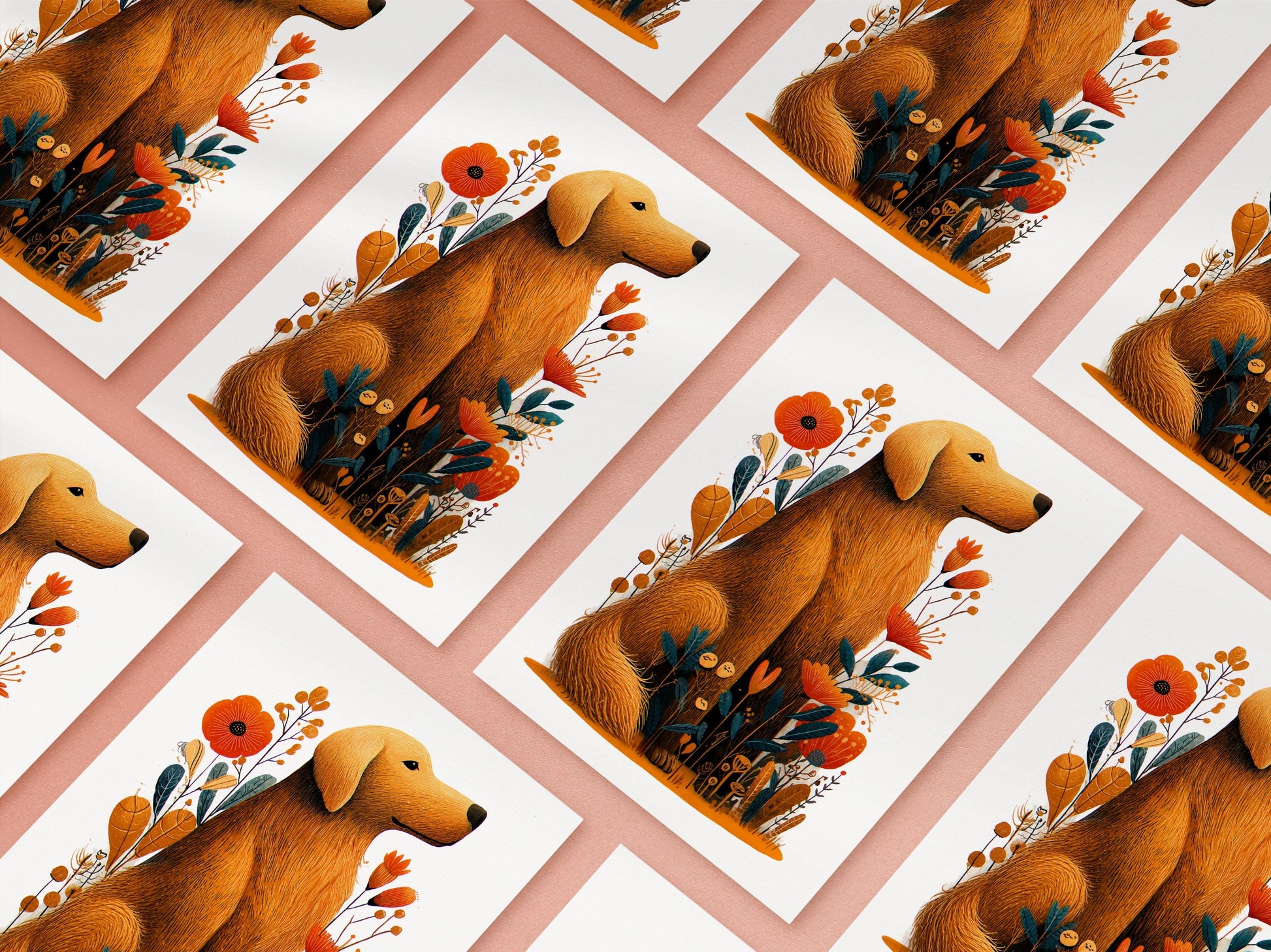 Golden Retriever folk-art greeting card, blank inside