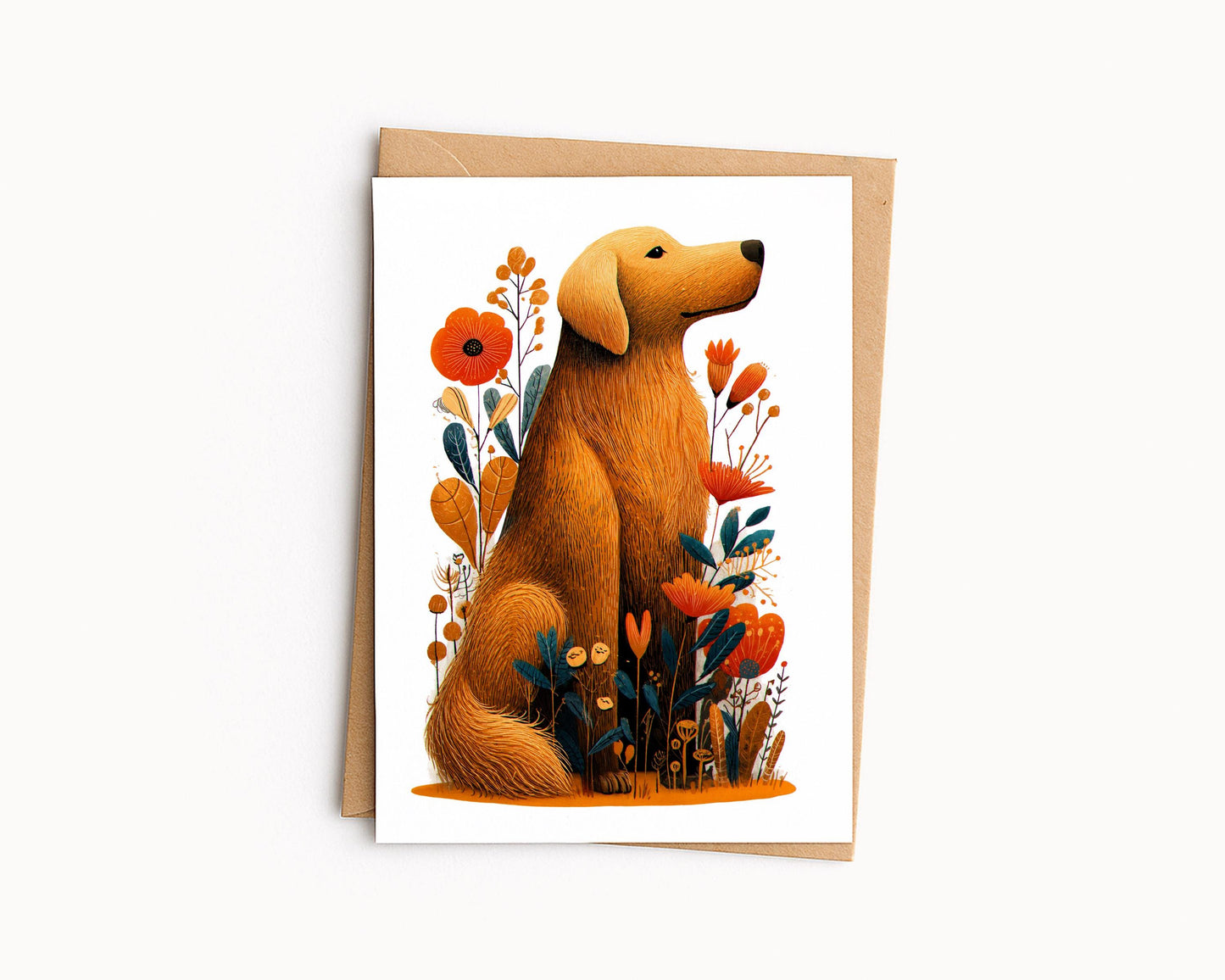 Golden Retriever folk-art greeting card, blank inside