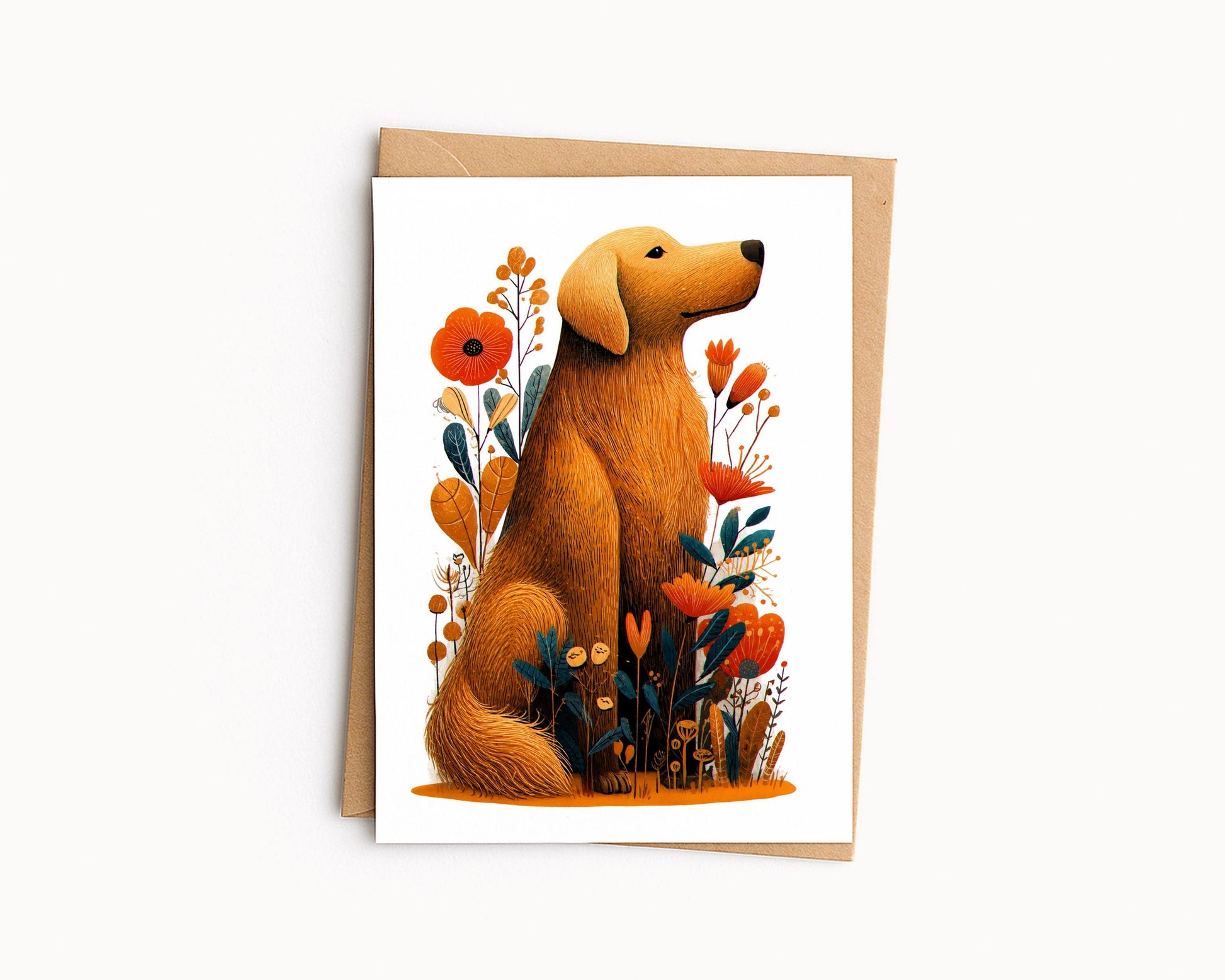 Golden Retriever folk-art greeting card, blank inside