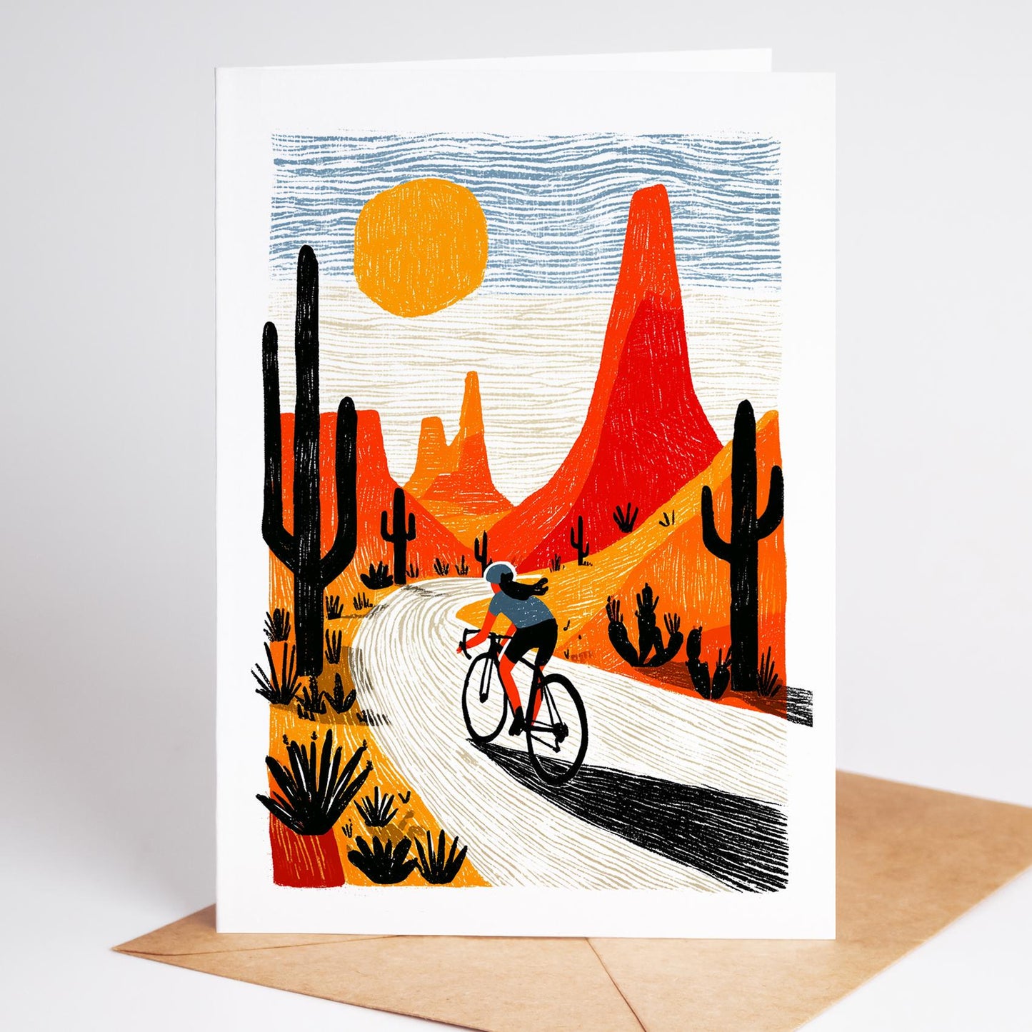 Cycling folk-art greeting card, blank inside