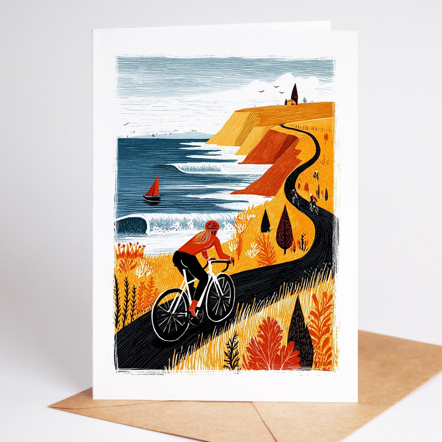 Cycling folk-art greeting card, blank inside