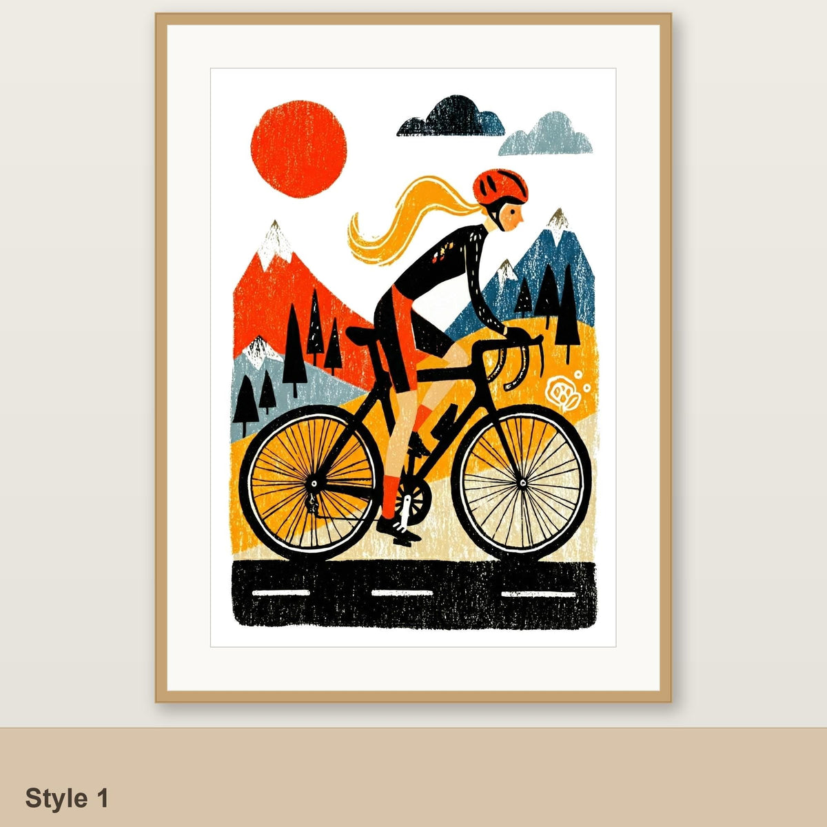 Female cycling art print Style 1, mountain sunrise with red sun, framed linocut style folk art