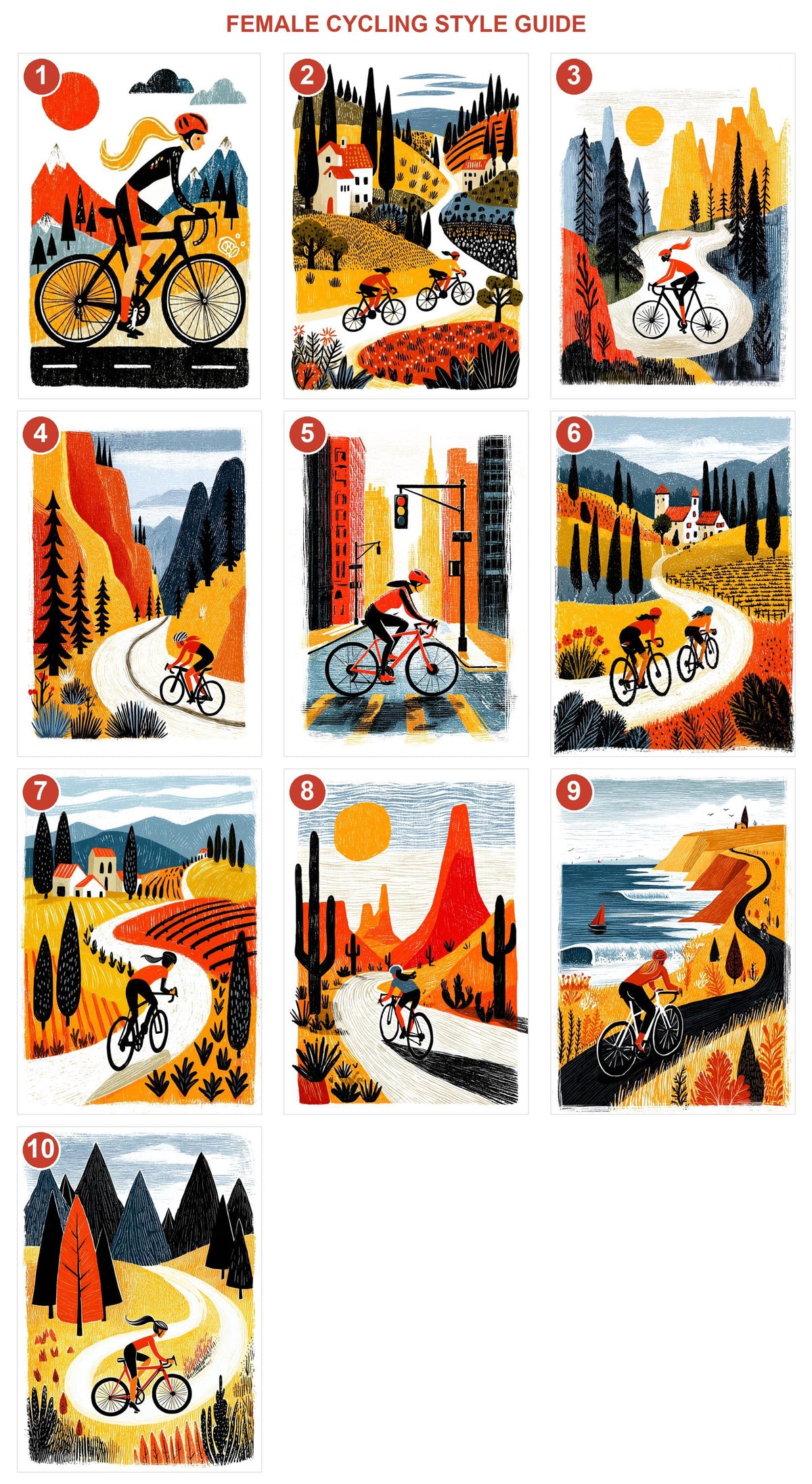 Female cycling art print style guide showing all 10 designs numbered 1 to 10