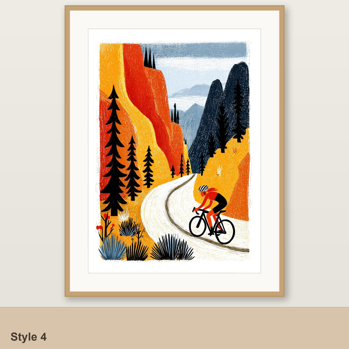 Female cycling art print Style 4, mountain canyon road, framed linocut style folk art