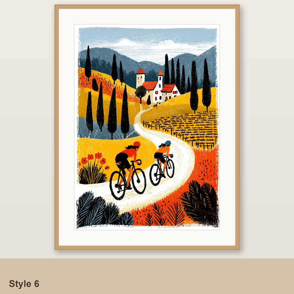Female cycling art print Style 6, vineyard hills with two riders, framed linocut style folk art