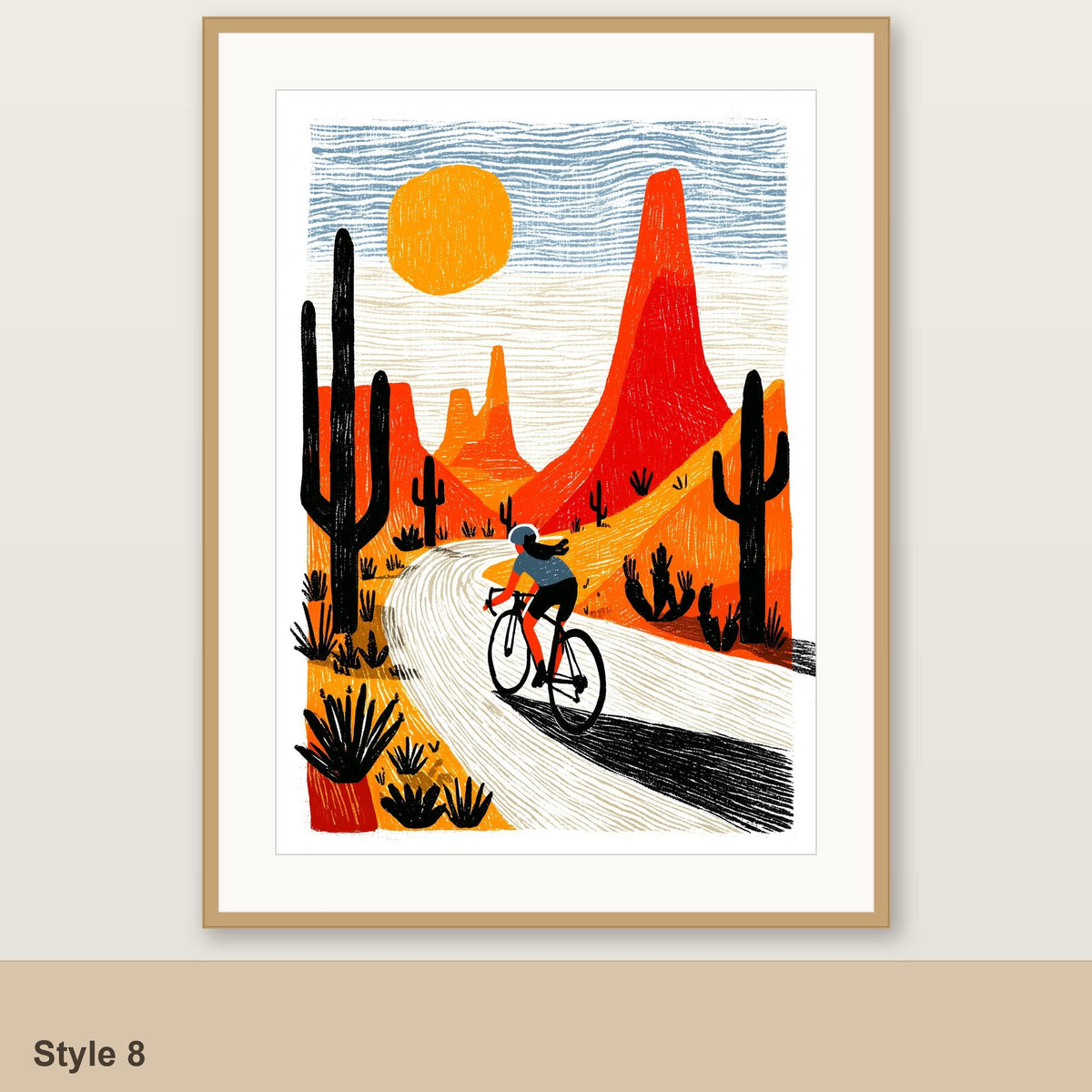 Female cycling art print Style 8, desert saguaro road, framed linocut style folk art