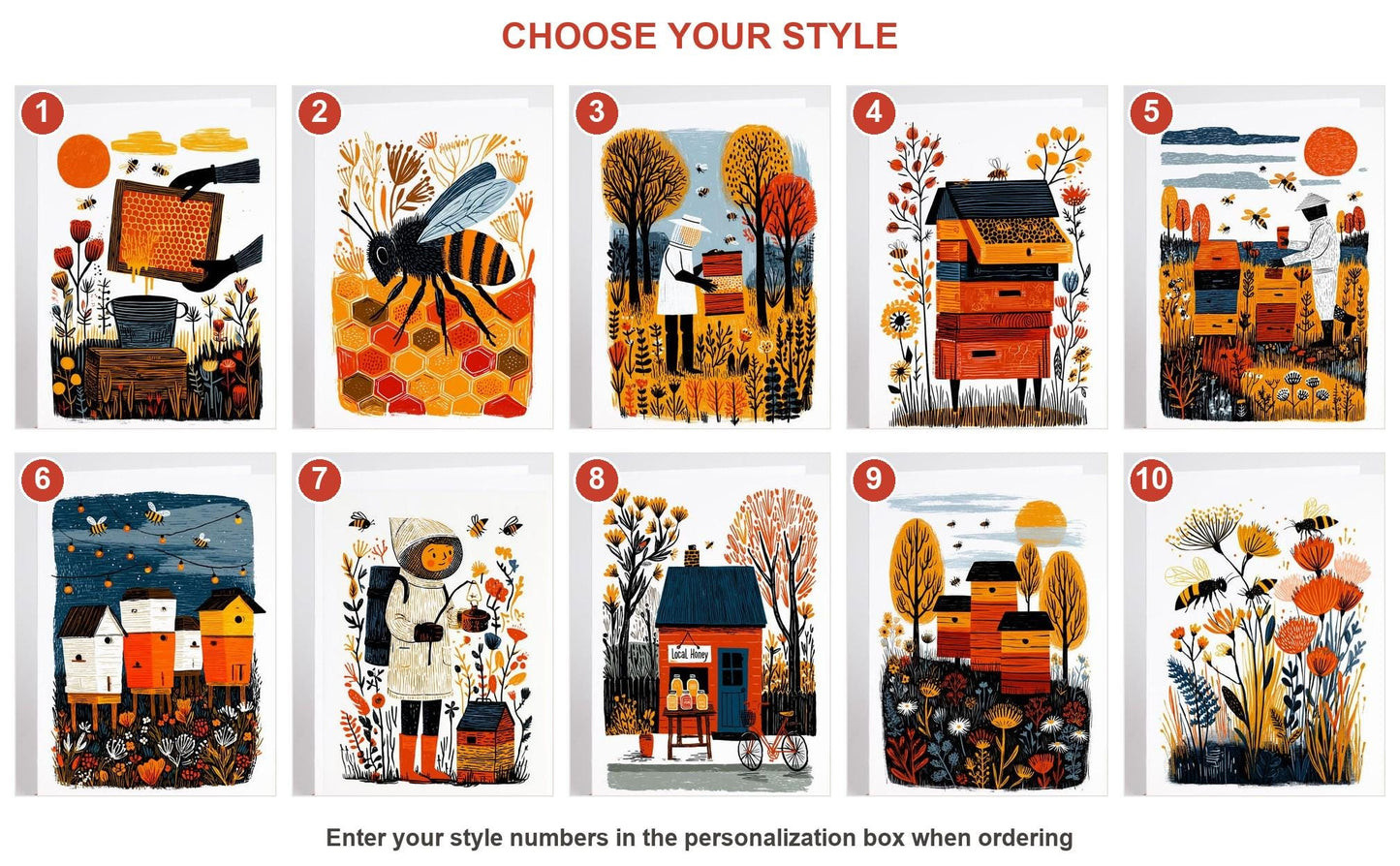Beekeeping folk-art greeting card, blank inside
