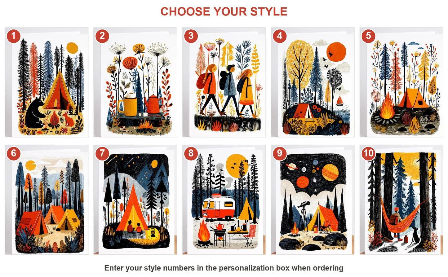 Camping folk-art greeting card, blank inside