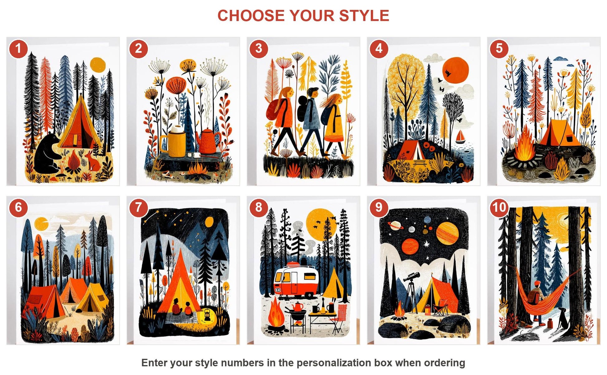 Camping folk-art greeting card, blank inside