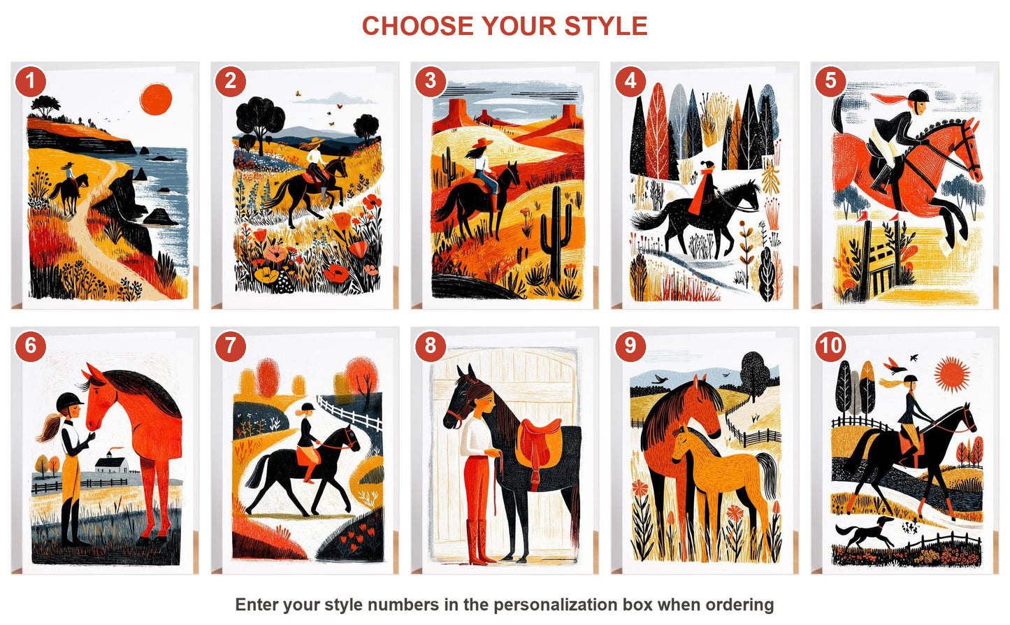 Equestrian folk-art greeting card, blank inside