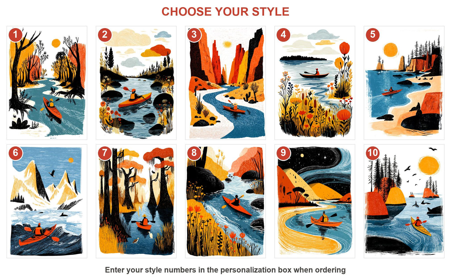 Kayak folk-art greeting card, blank inside