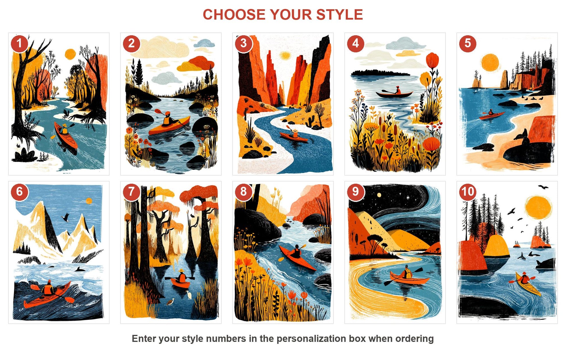 Kayak folk-art greeting card, blank inside