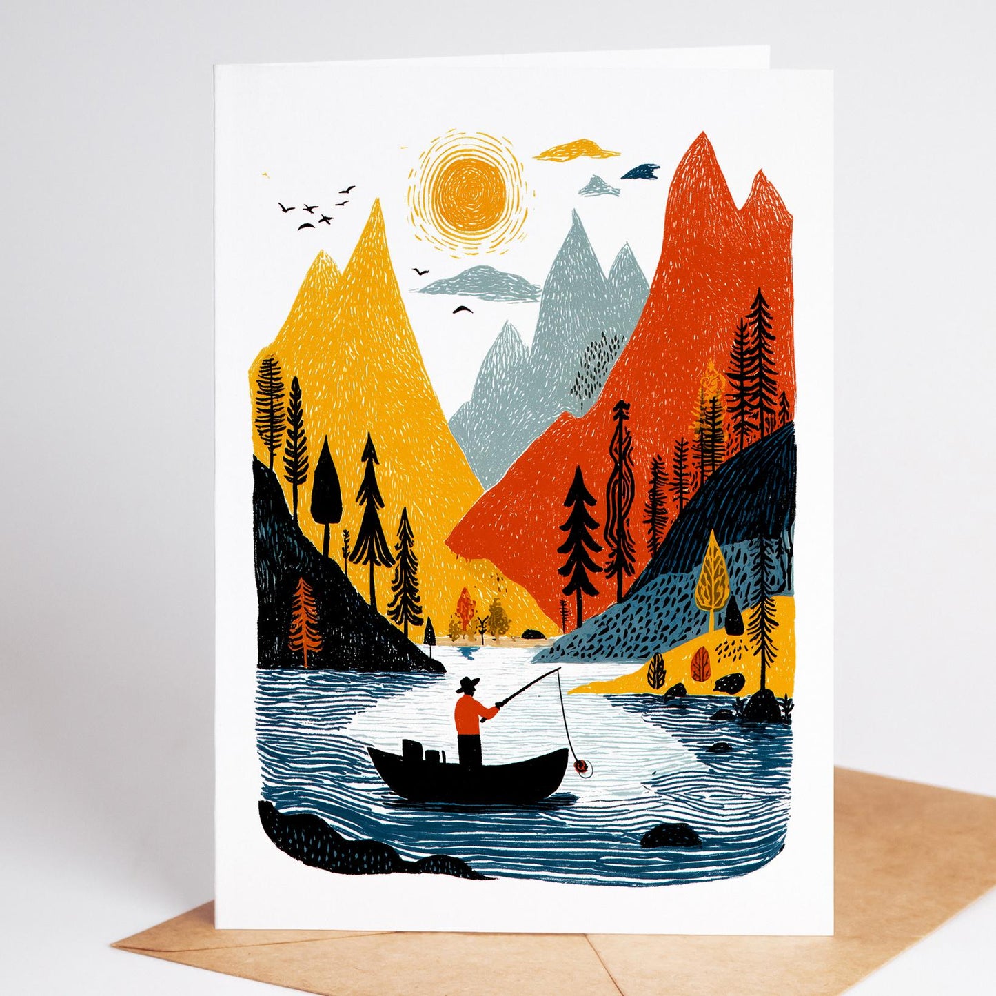 Fishing folk-art greeting card, blank inside