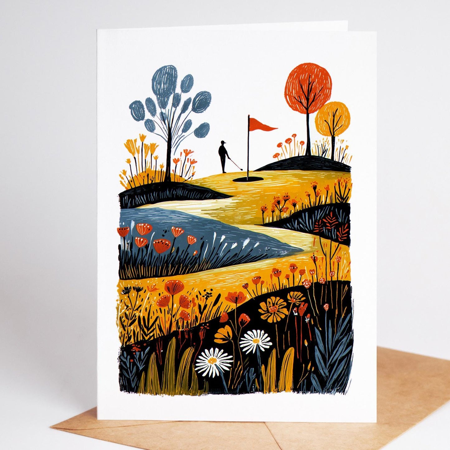 Golf folk-art greeting card, blank inside