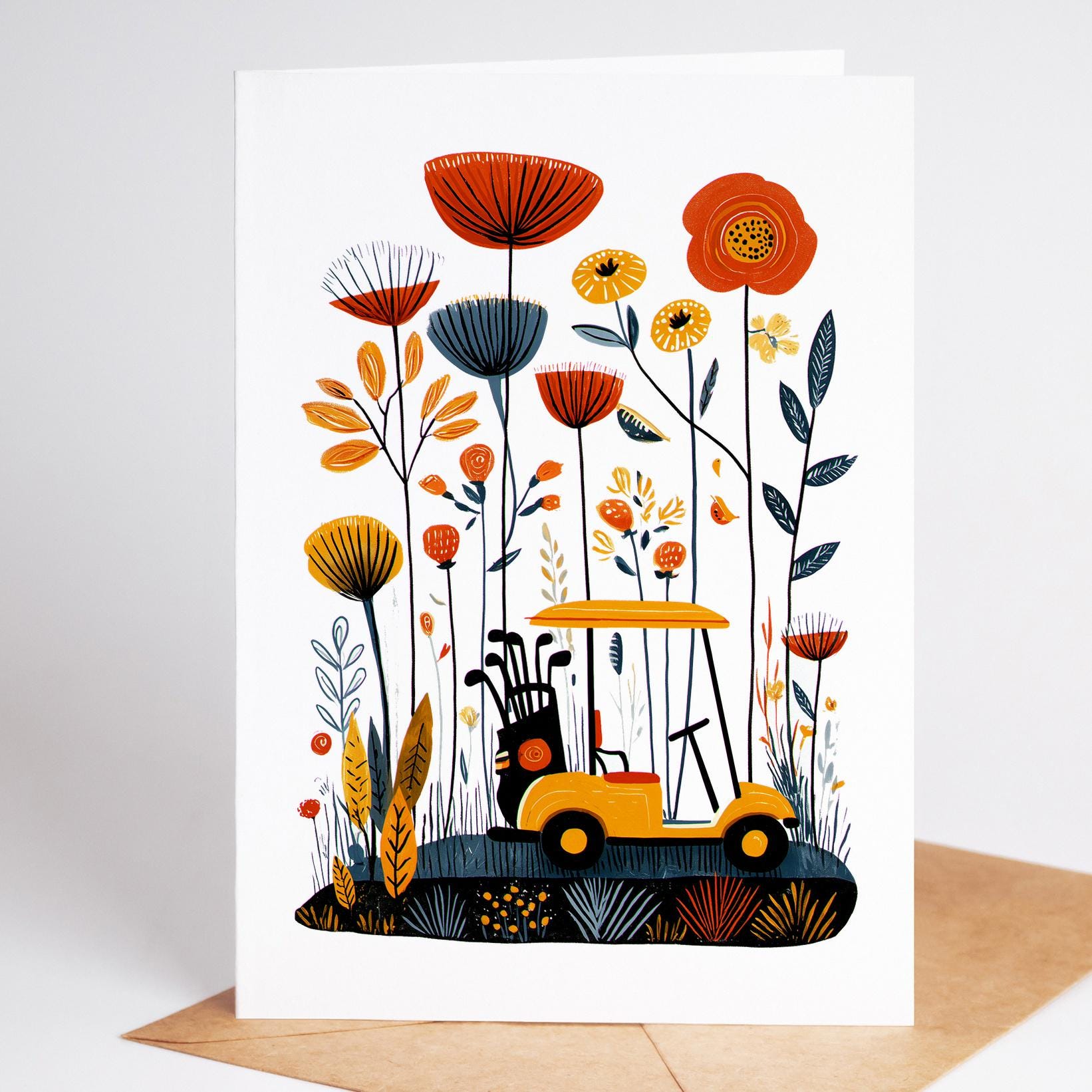 Golf folk-art greeting card, blank inside