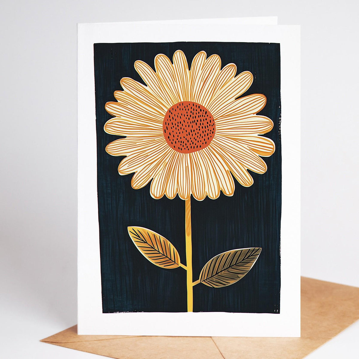 Mid century modern floral card, a cream daisy with a rust centre on deep navy