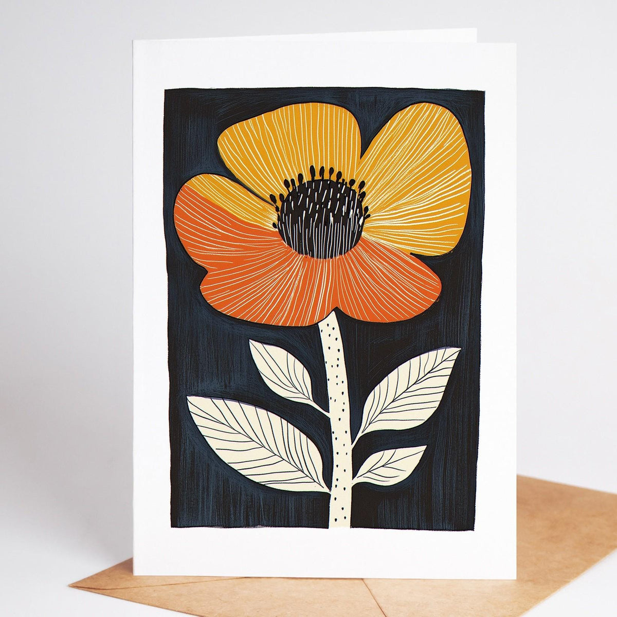 Mid century modern floral card, an orange and marigold poppy with cream leaves on black