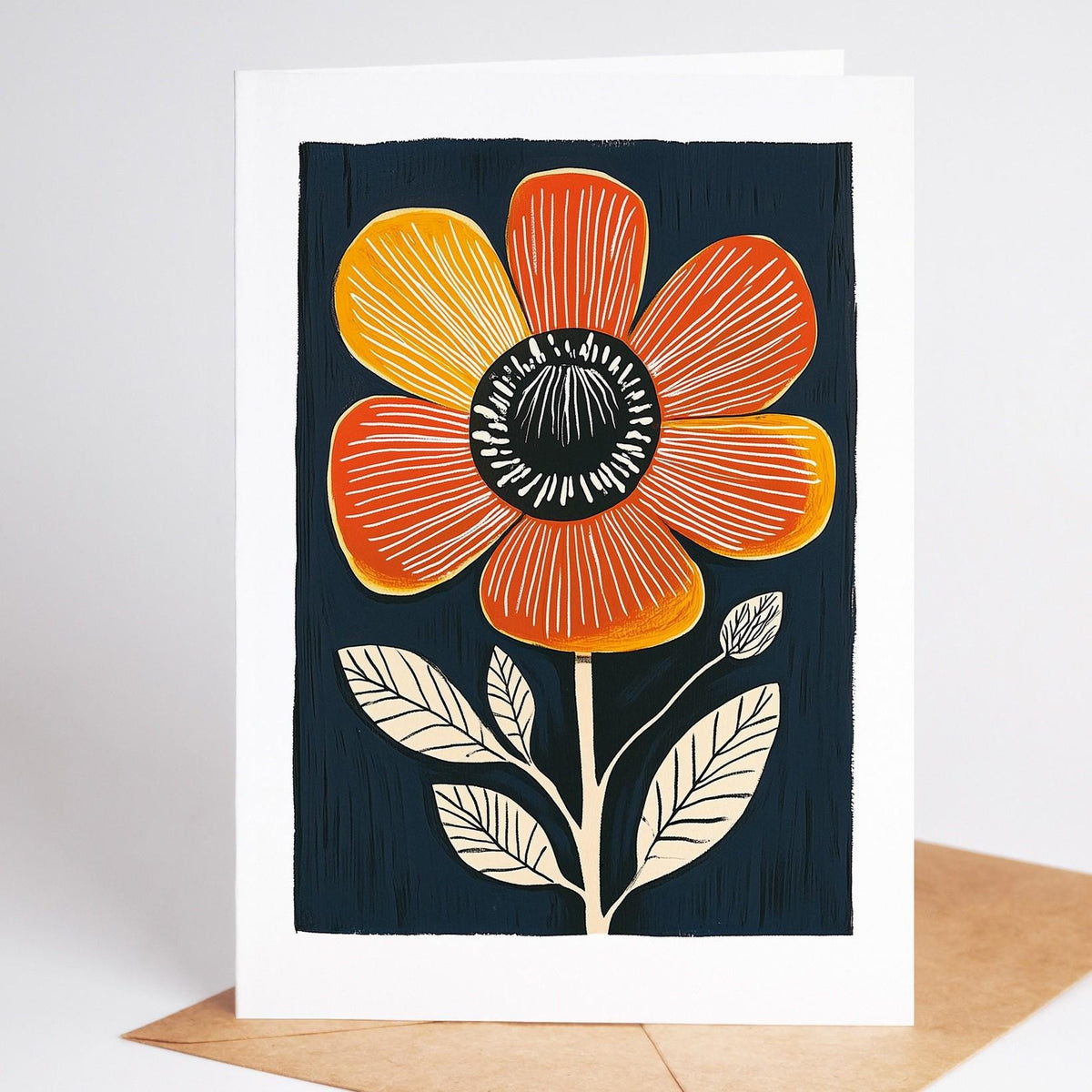 Mid century modern floral card, a red-orange anemone with a black centre and cream leaves