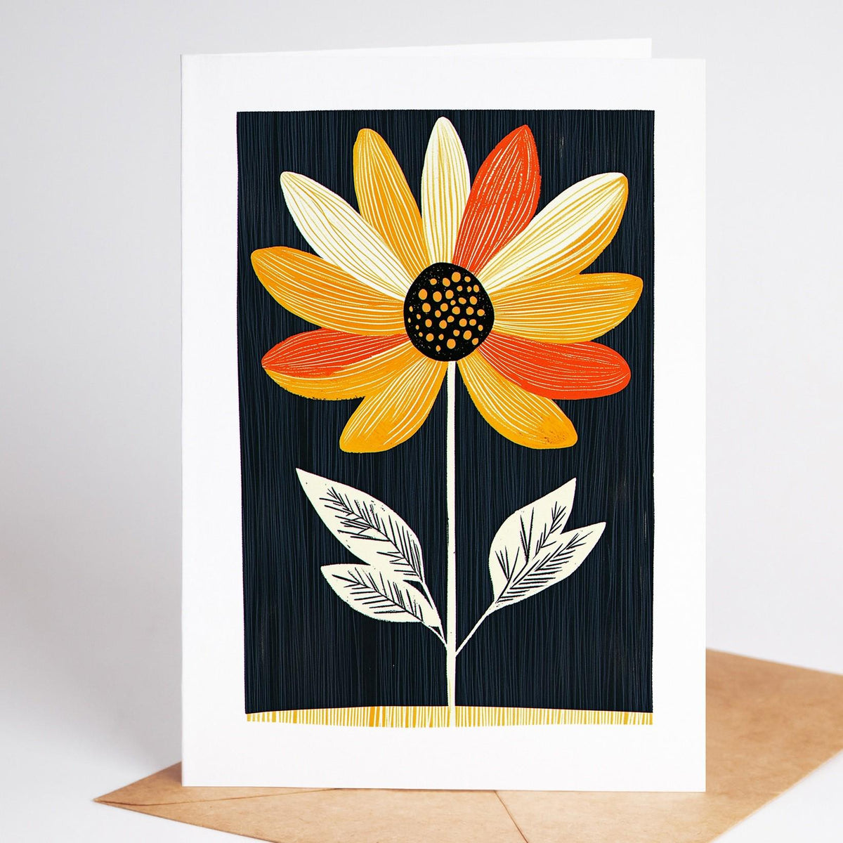 Mid century modern floral card, an orange and yellow daisy with cream leaves on black