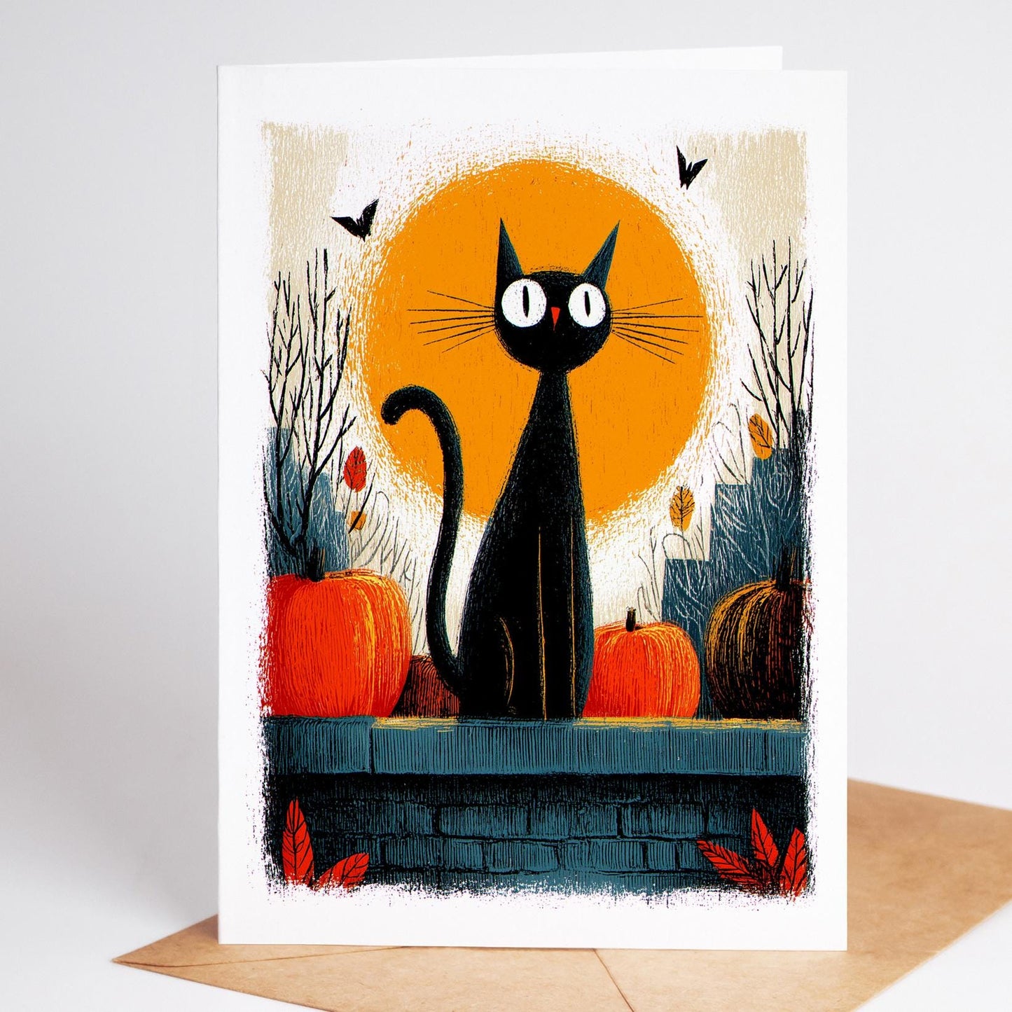 Cat folk-art greeting card, blank inside