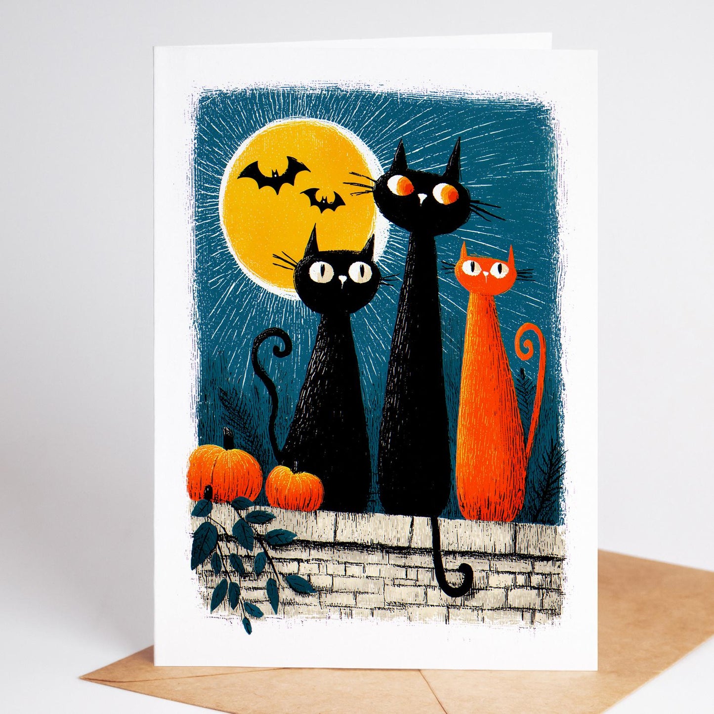 Cat folk-art greeting card, blank inside