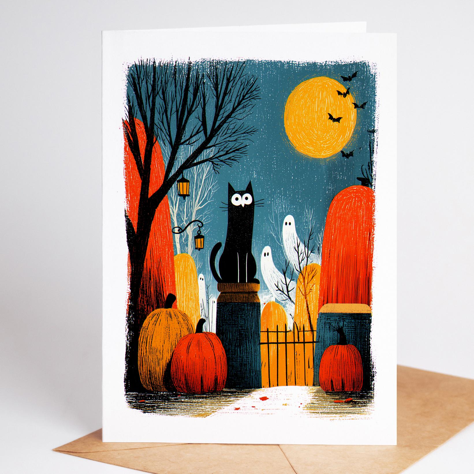 Cat folk-art greeting card, blank inside