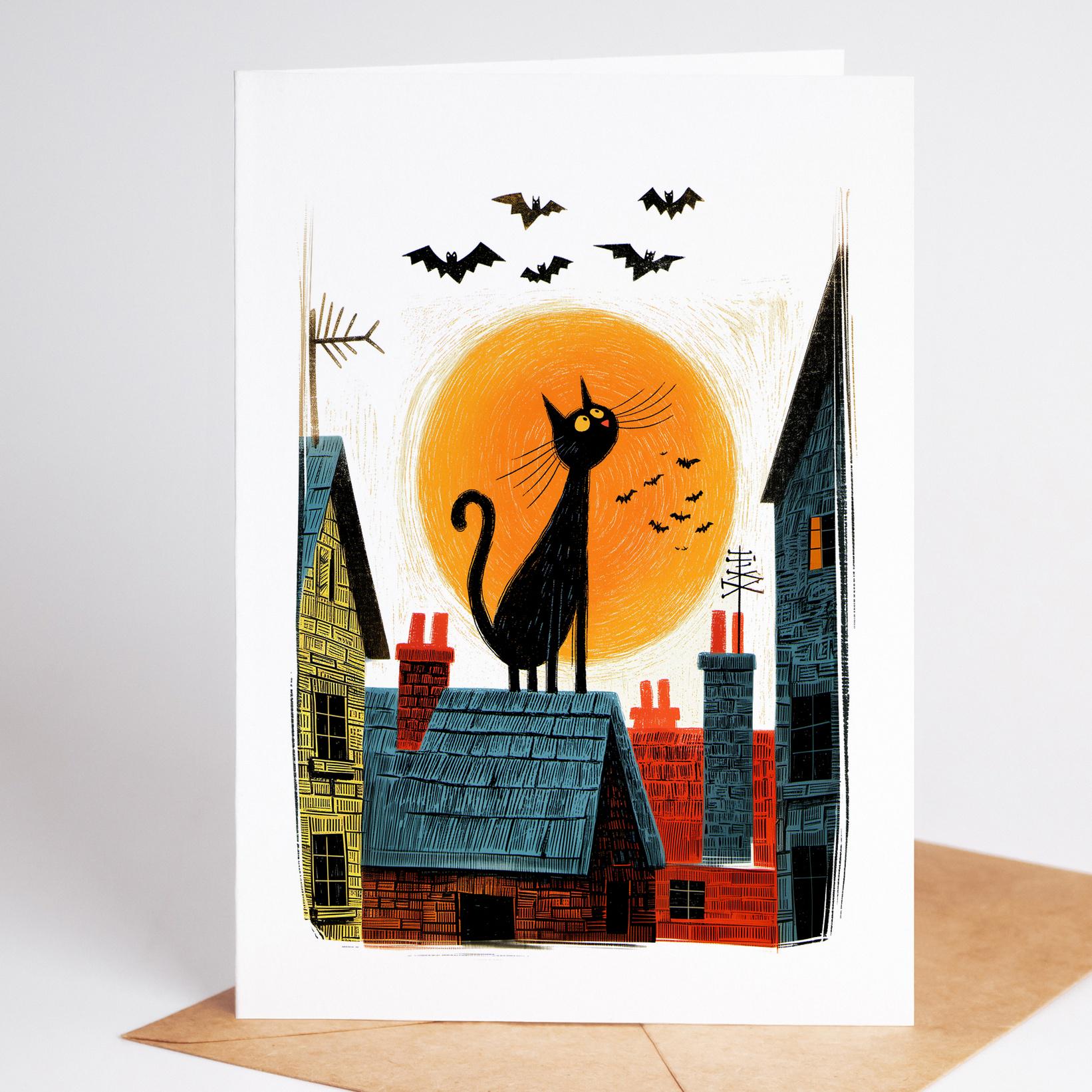 Cat folk-art greeting card, blank inside