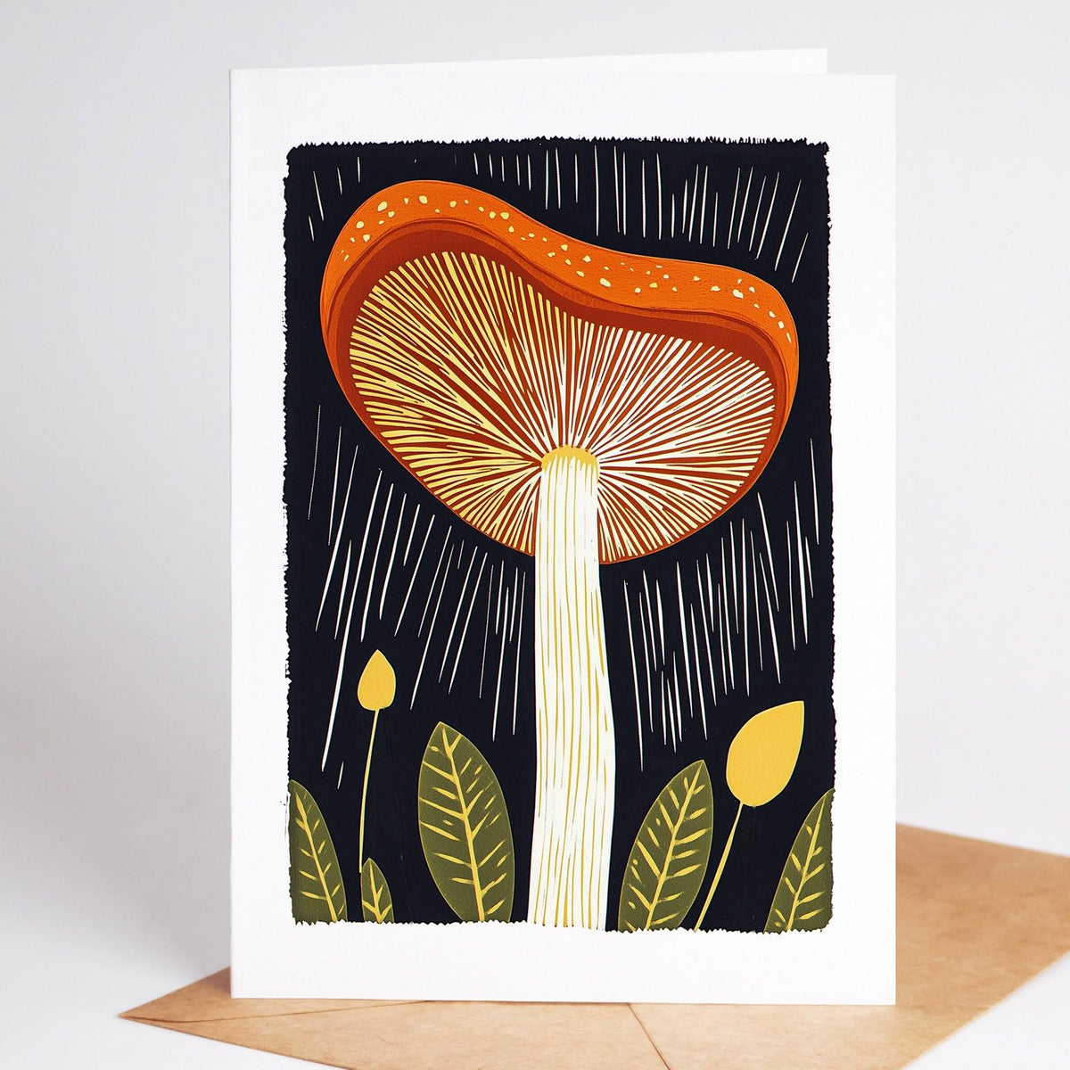 Mushroom card standing on a kraft envelope, a tall orange-capped mushroom among yellow leaves on black
