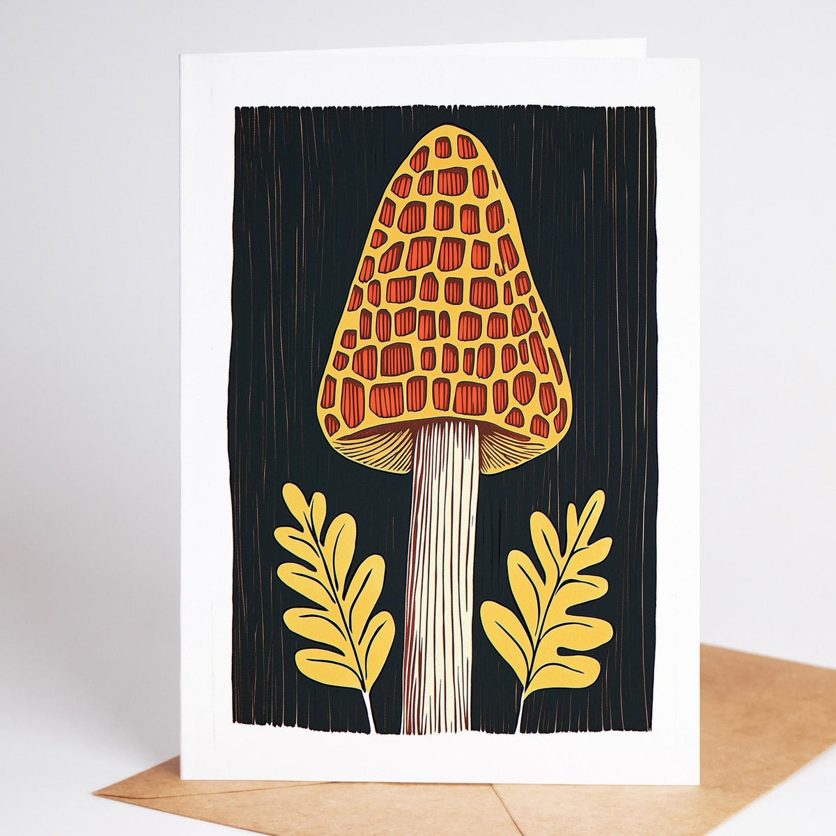 Mushroom card, a tall honeycomb-capped mushroom between yellow leaves