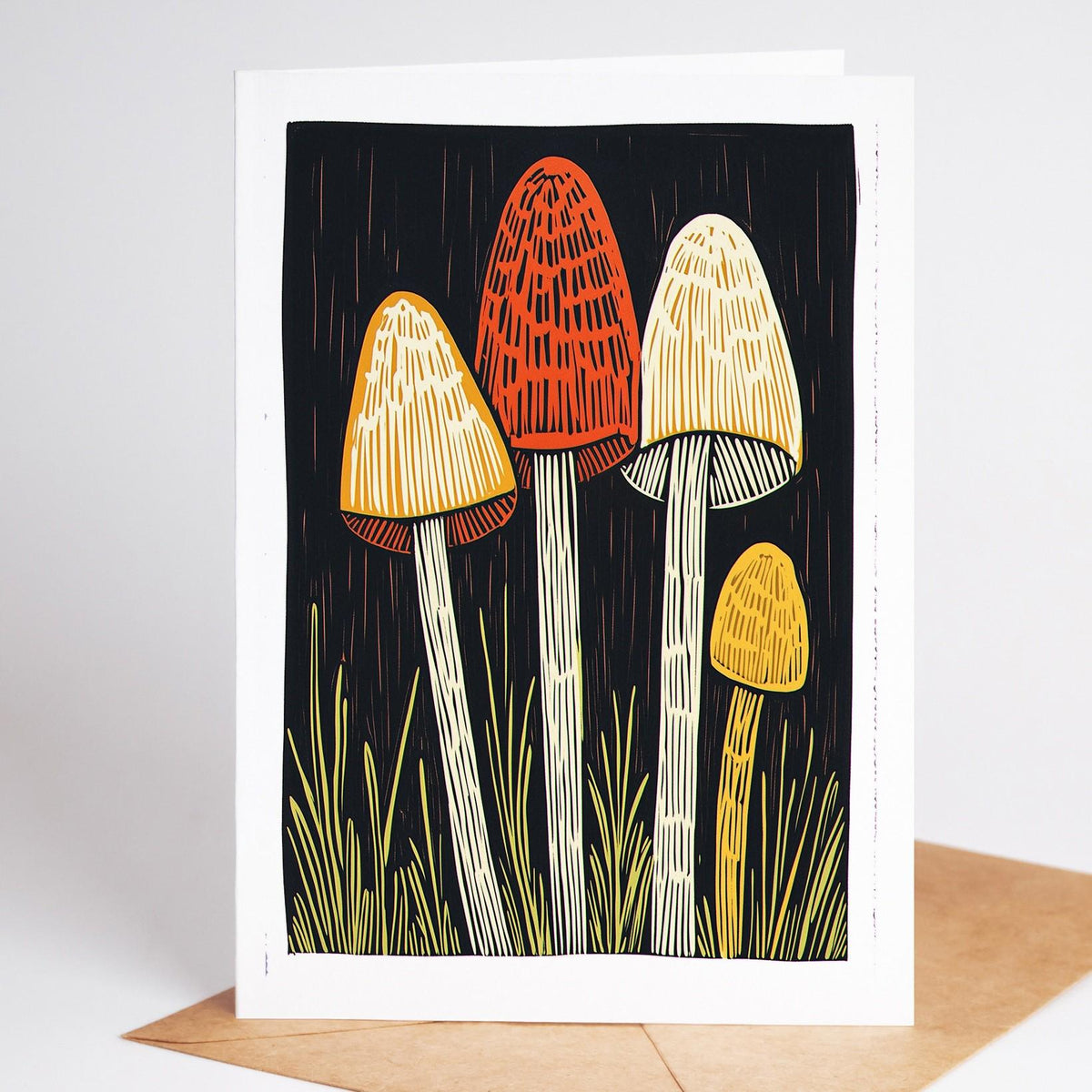 Mushroom card, tall inky caps rising from the grass