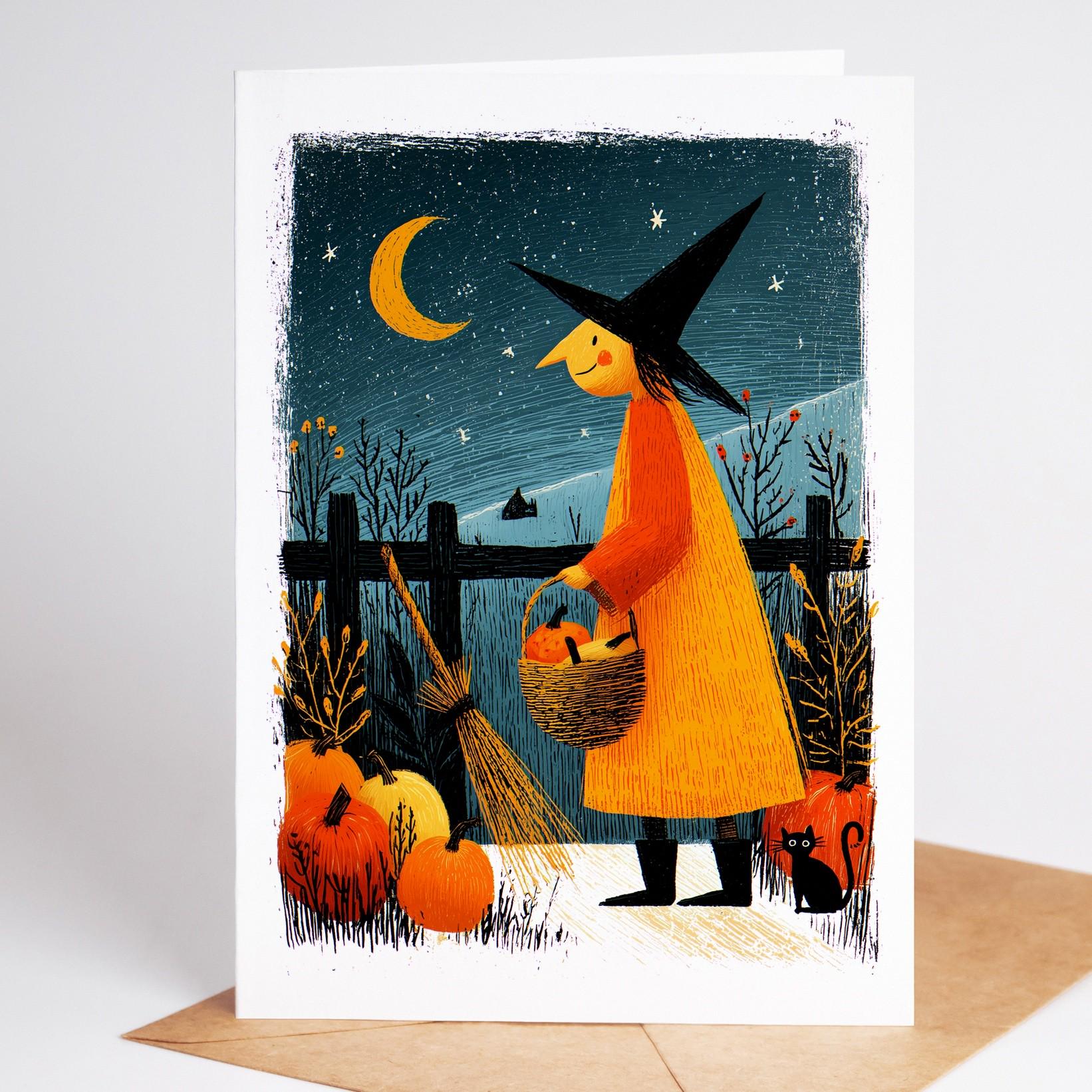 Pumpkin folk-art greeting card, blank inside