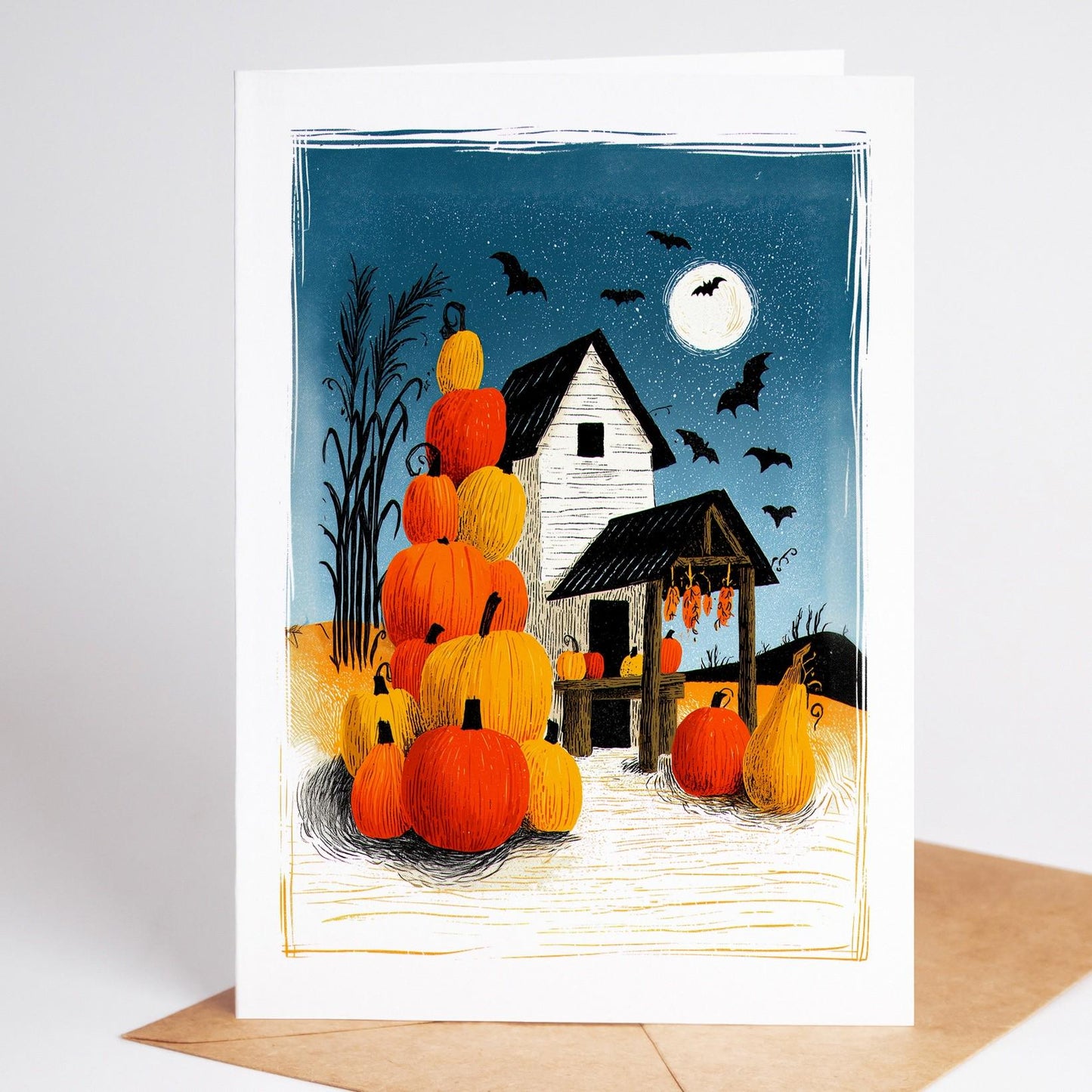 Pumpkin folk-art greeting card, blank inside