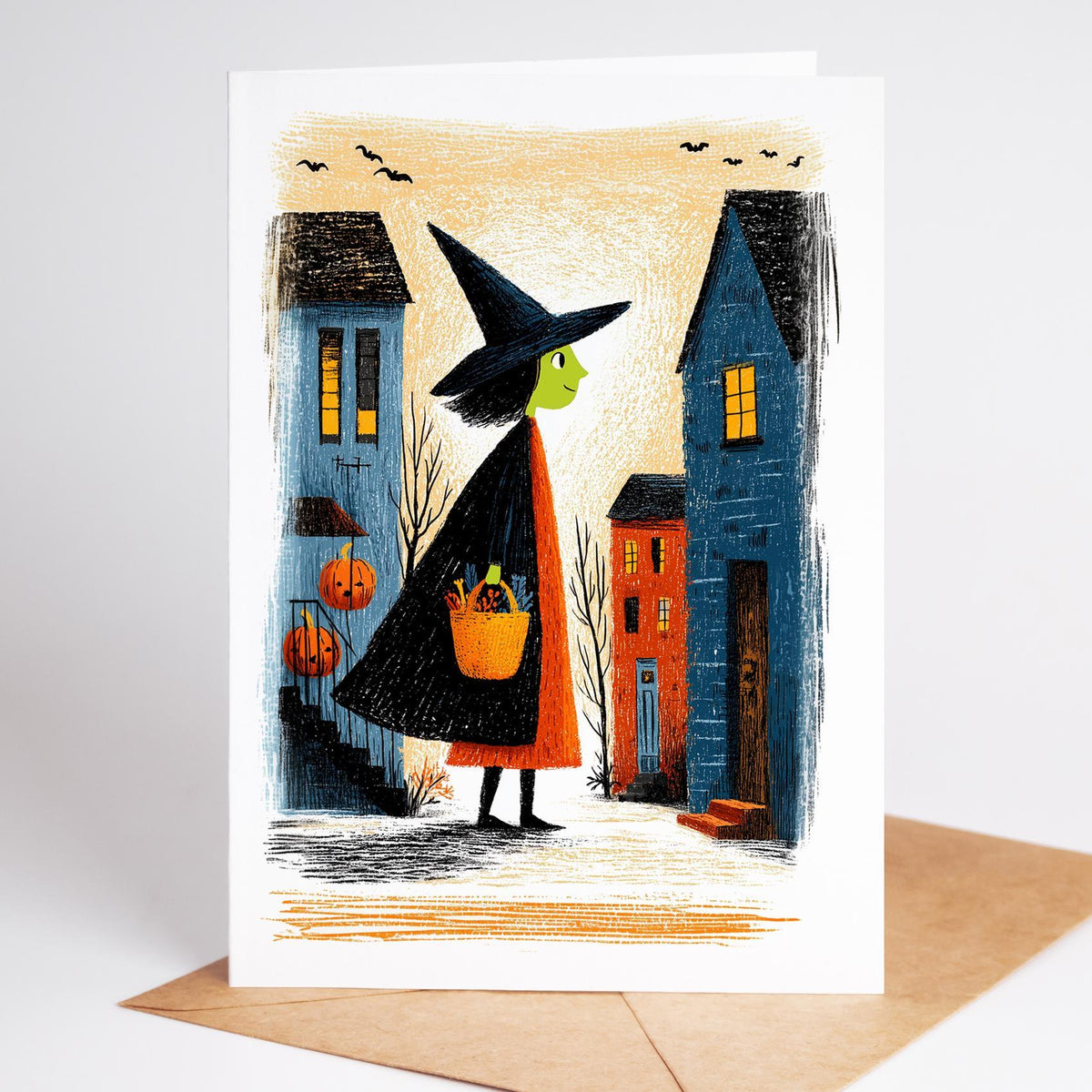 Folk art Halloween card of a green-faced witch with a pumpkin basket on a blue town street