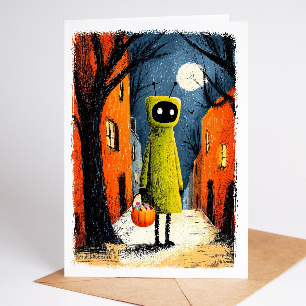 Folk art Halloween card of a little green creature trick-or-treating down a moonlit lane