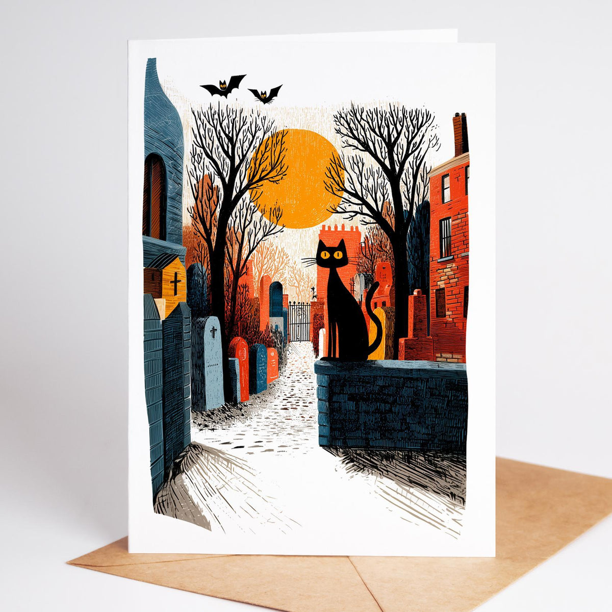 Folk art Halloween card of a black cat on a stone wall in a lantern-lit lane under bats and an orange moon