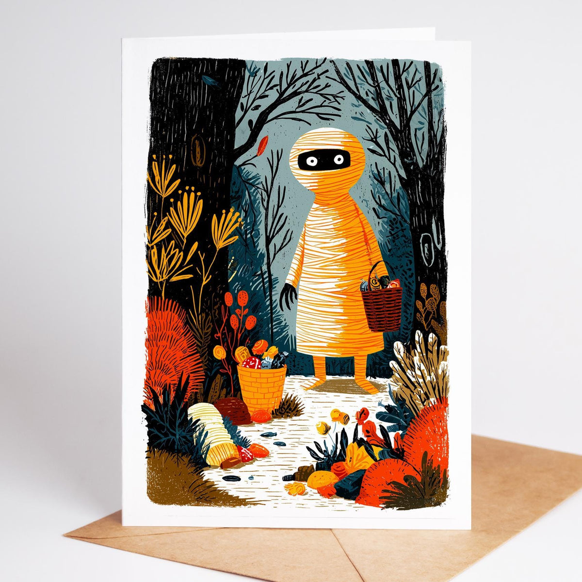 Folk art Halloween card of a mummy trick-or-treater with a candy basket in an autumn garden