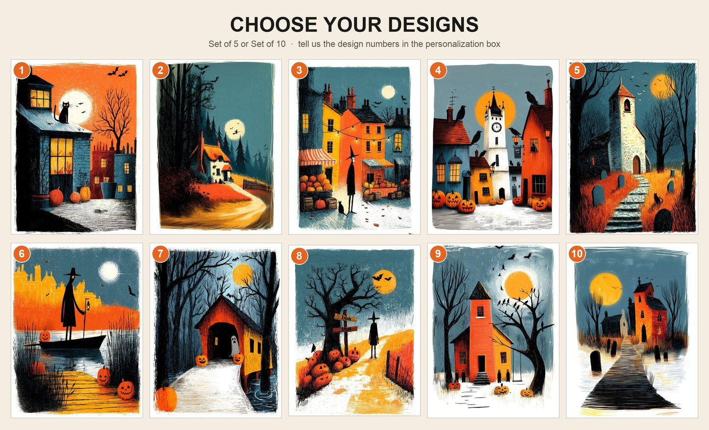 Haunted Village folk-art greeting card, blank inside