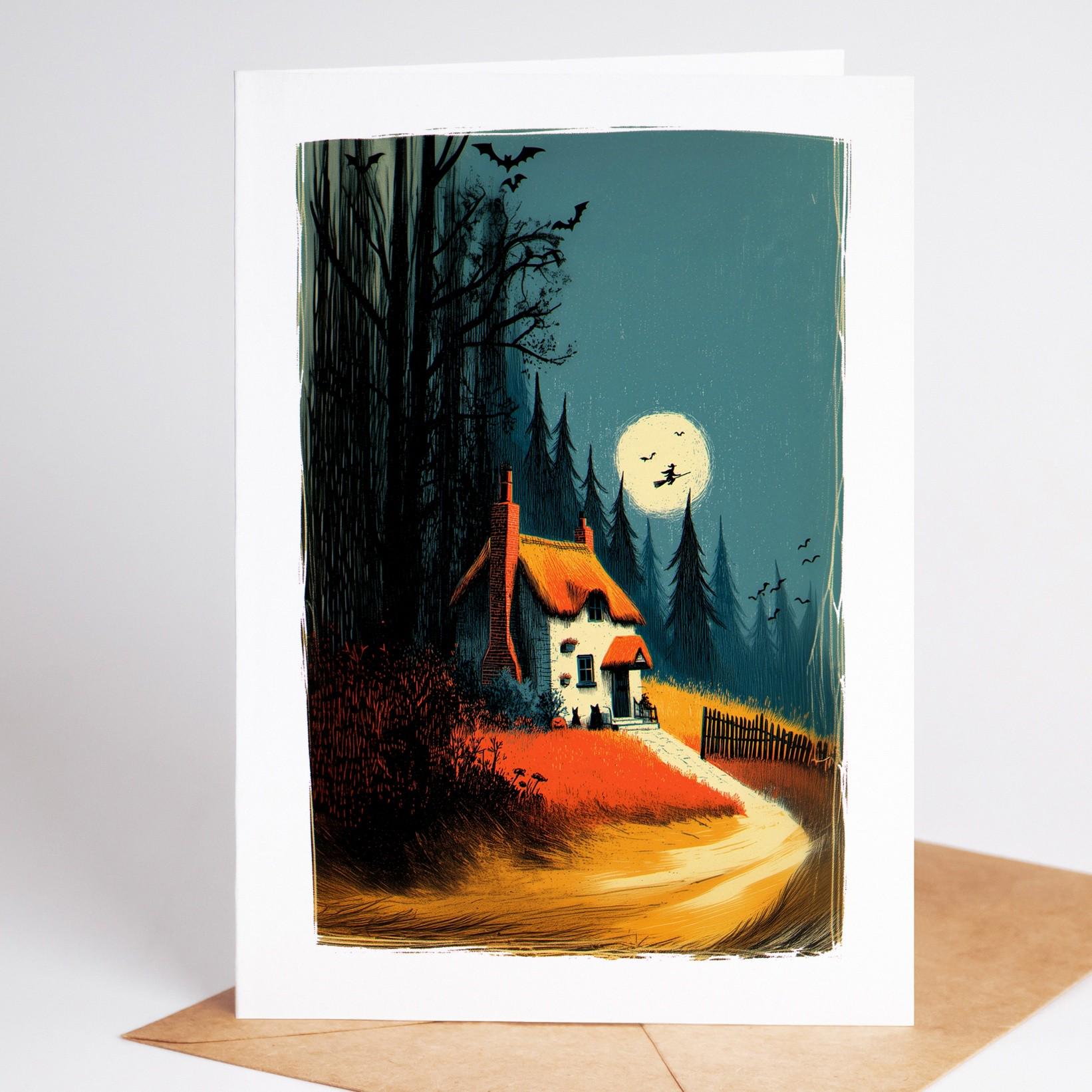 Haunted Village folk-art greeting card, blank inside