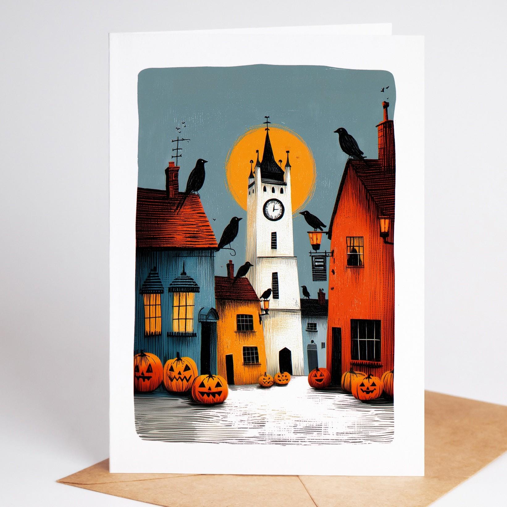 Haunted Village folk-art greeting card, blank inside
