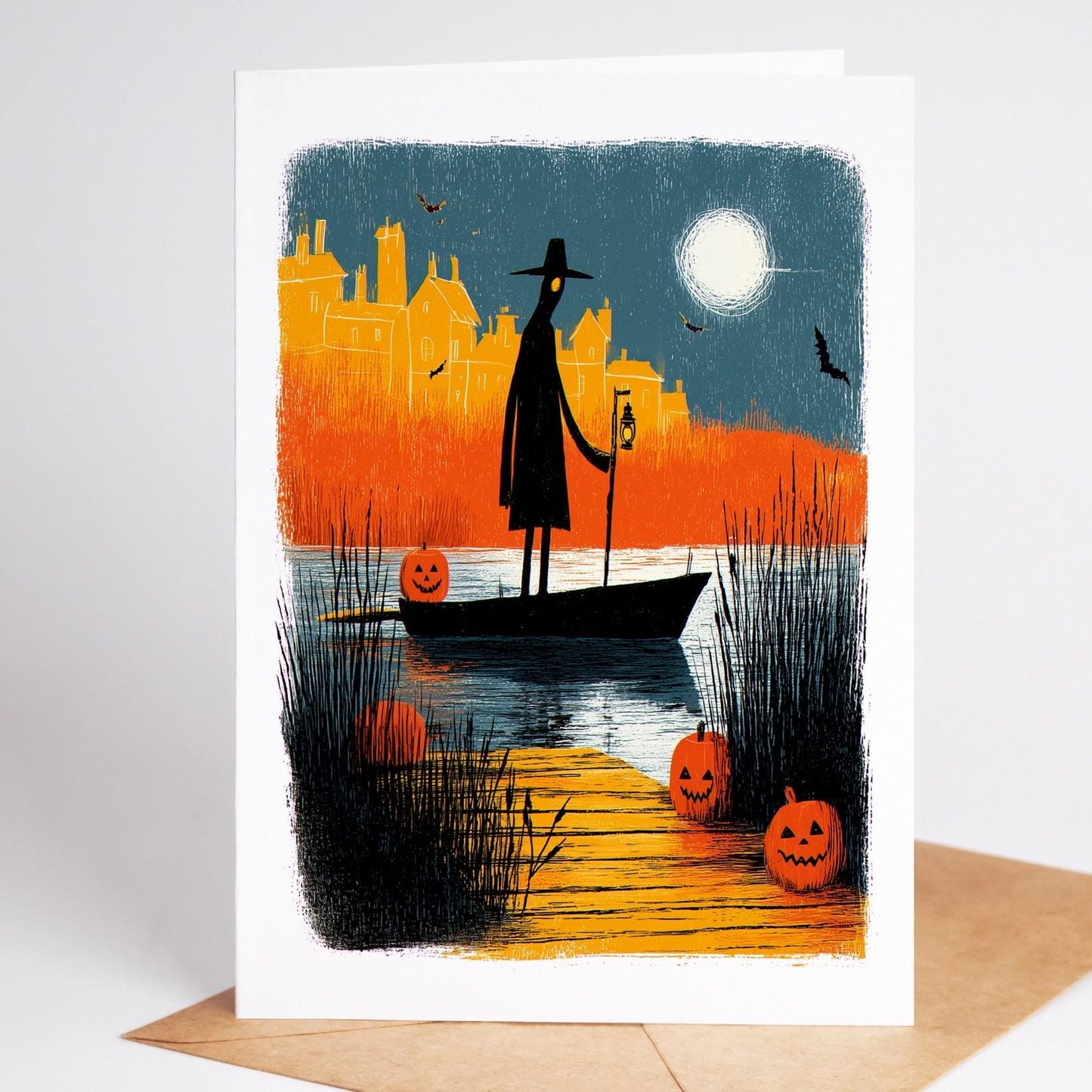 Haunted Village folk-art greeting card, blank inside