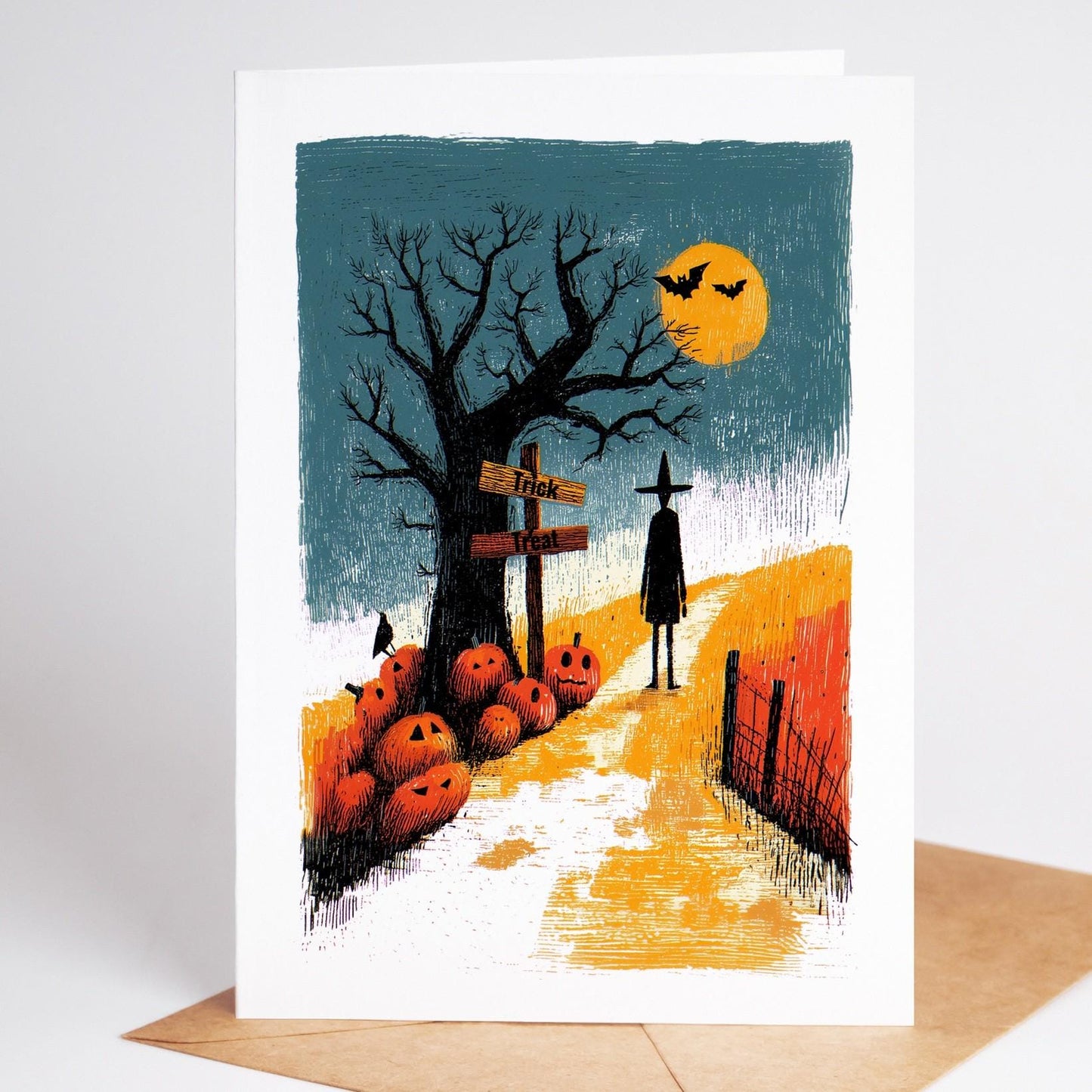 Haunted Village folk-art greeting card, blank inside