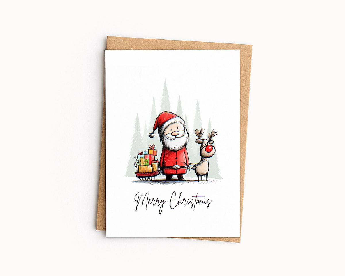 Santa Christmas card lying flat on a kraft envelope