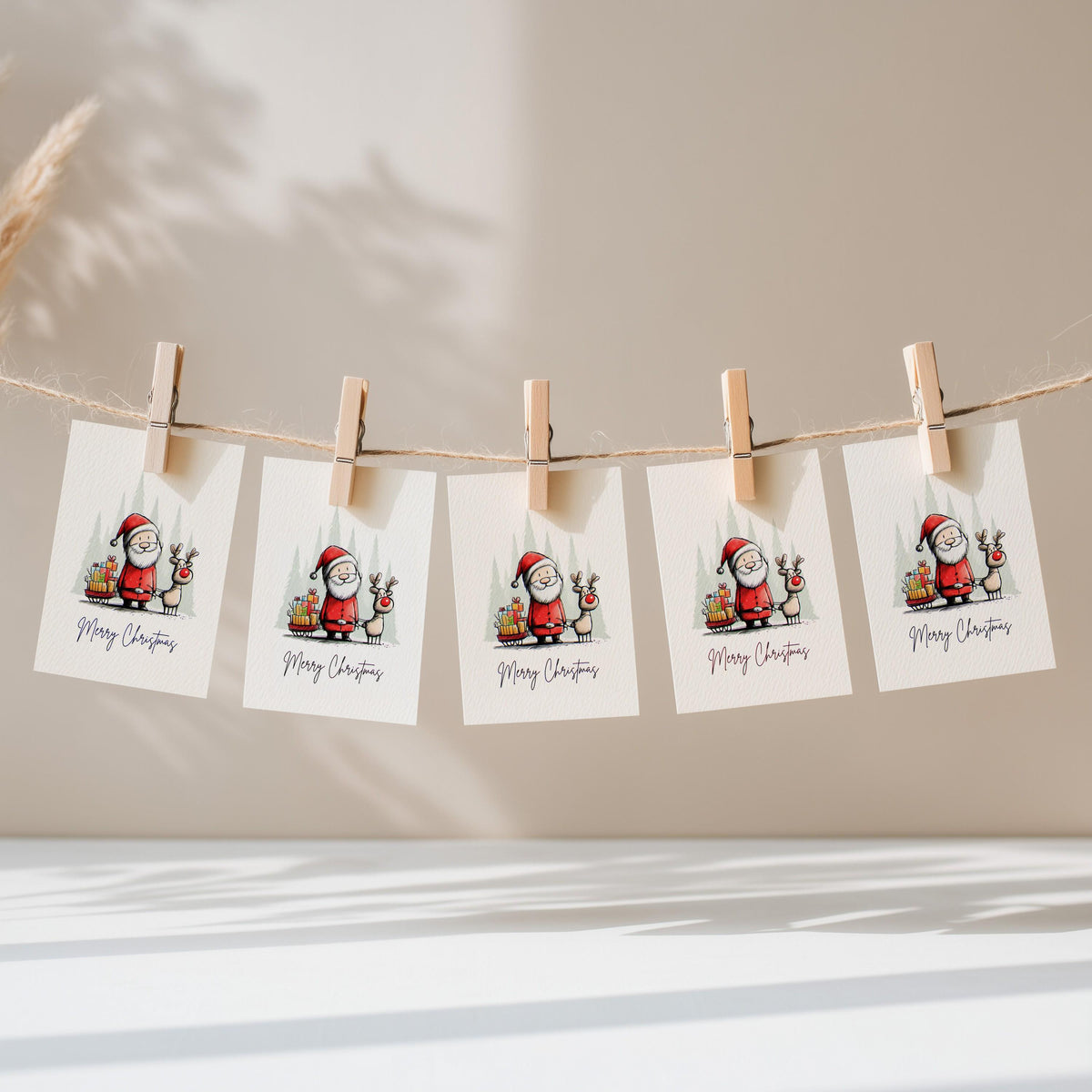 Five Santa Christmas cards pegged on a string against a sunlit wall