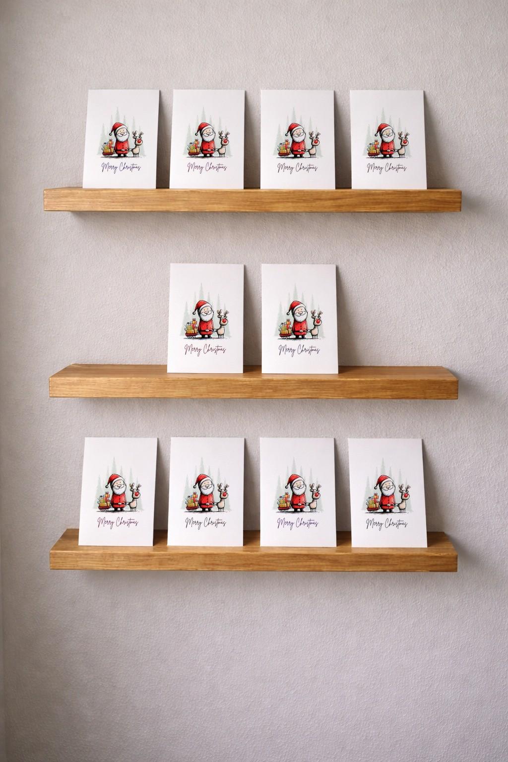 Santa Christmas cards displayed on three wooden shelves