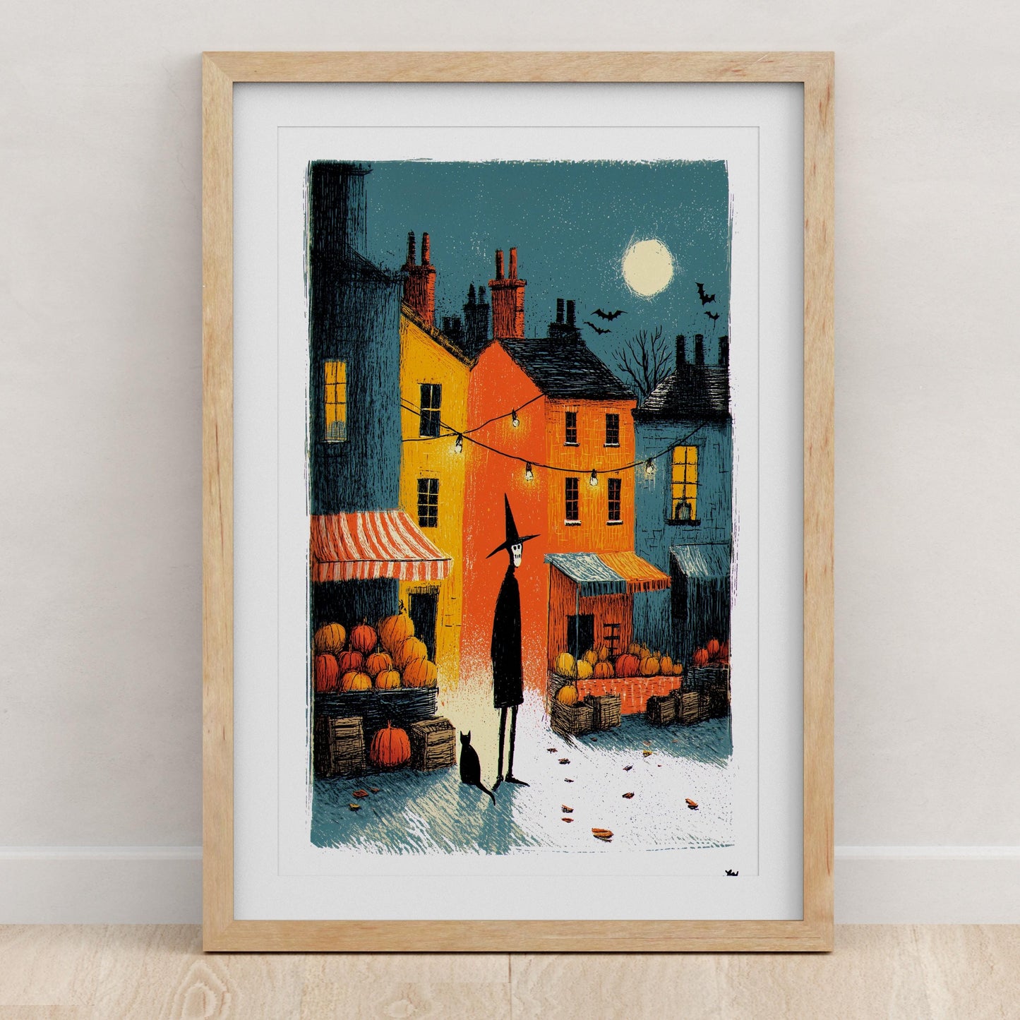 Haunted Village folk-art art print, blank inside