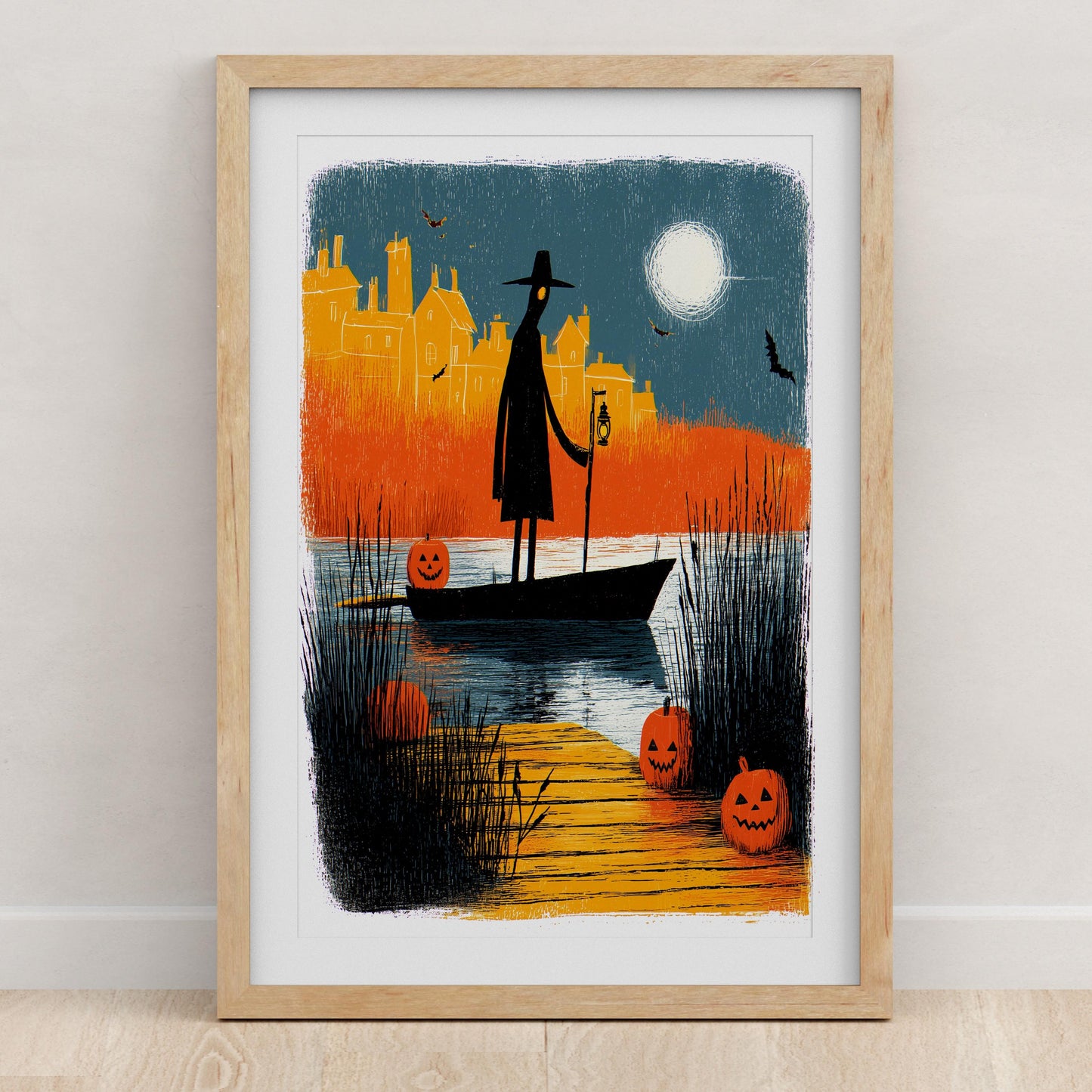 Haunted Village folk-art art print, blank inside