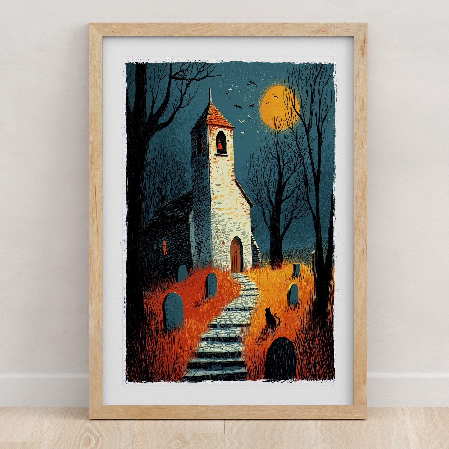 Haunted Village folk-art art print, blank inside