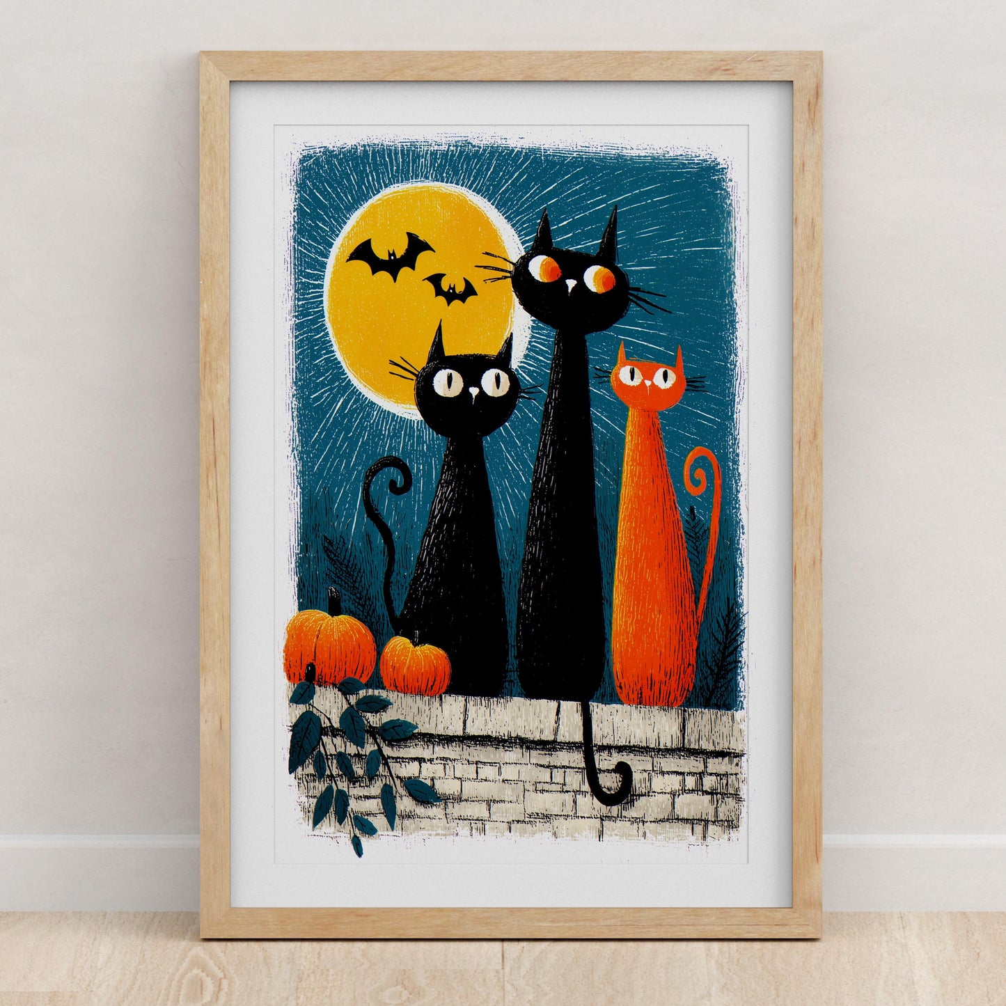Black Cat folk-art art print, blank inside