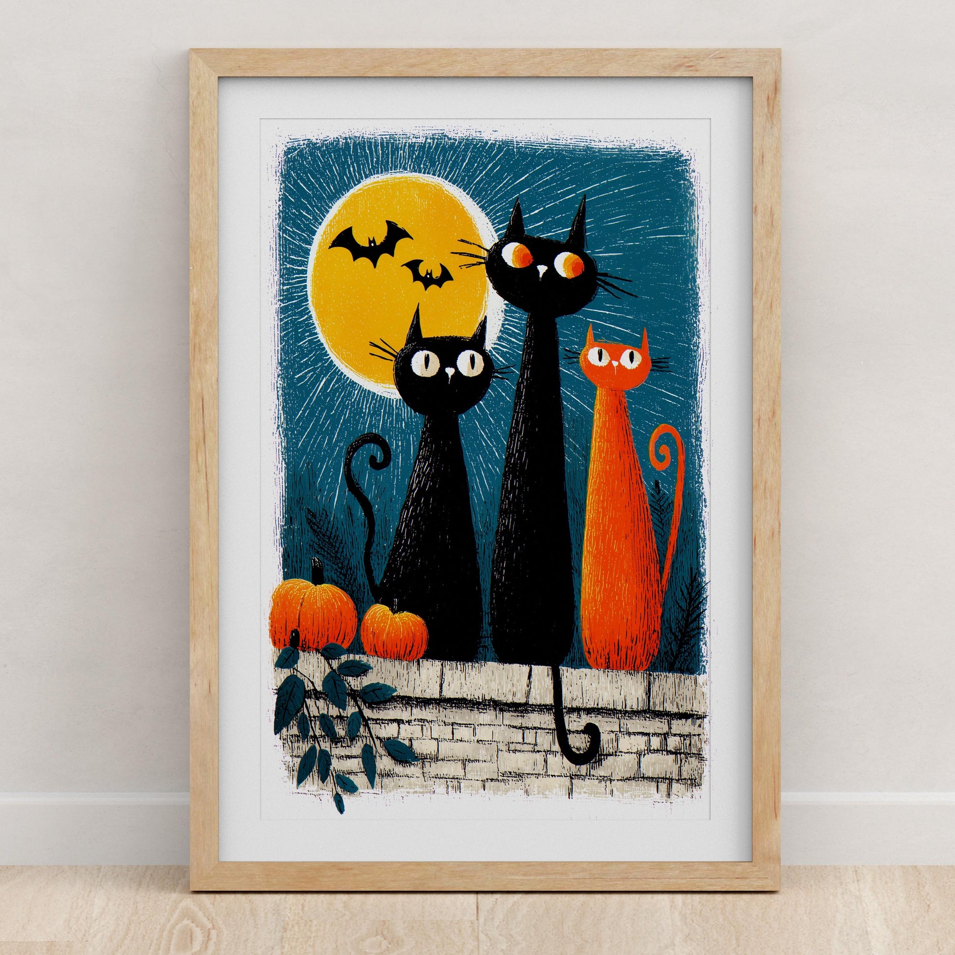 Black Cat folk-art art print, blank inside