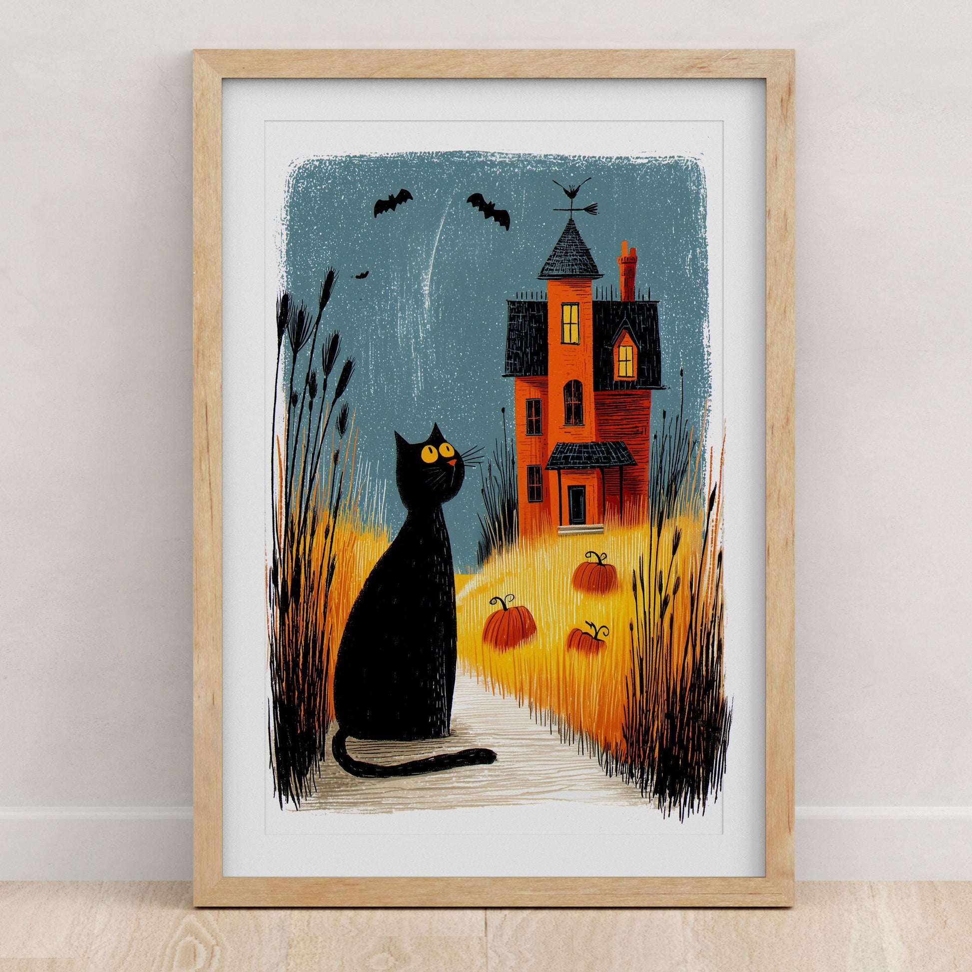 Black Cat folk-art art print, blank inside